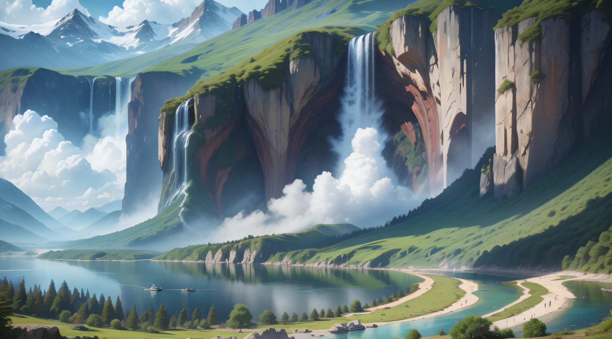 Dinosaurs, Jurassic World, Majestic, Mountains, Waterfalls, Forests, White Clouds, Lakes, Villages, 8K, Fine Detail, HD