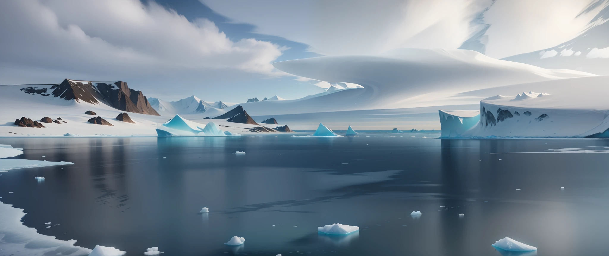 Clear water, flat ice floes, blue gradient water, cartoon style, realistic elements, ray tracing, soft light, distant cartoon icebergs, Antarctic mountains --s --auto --s2