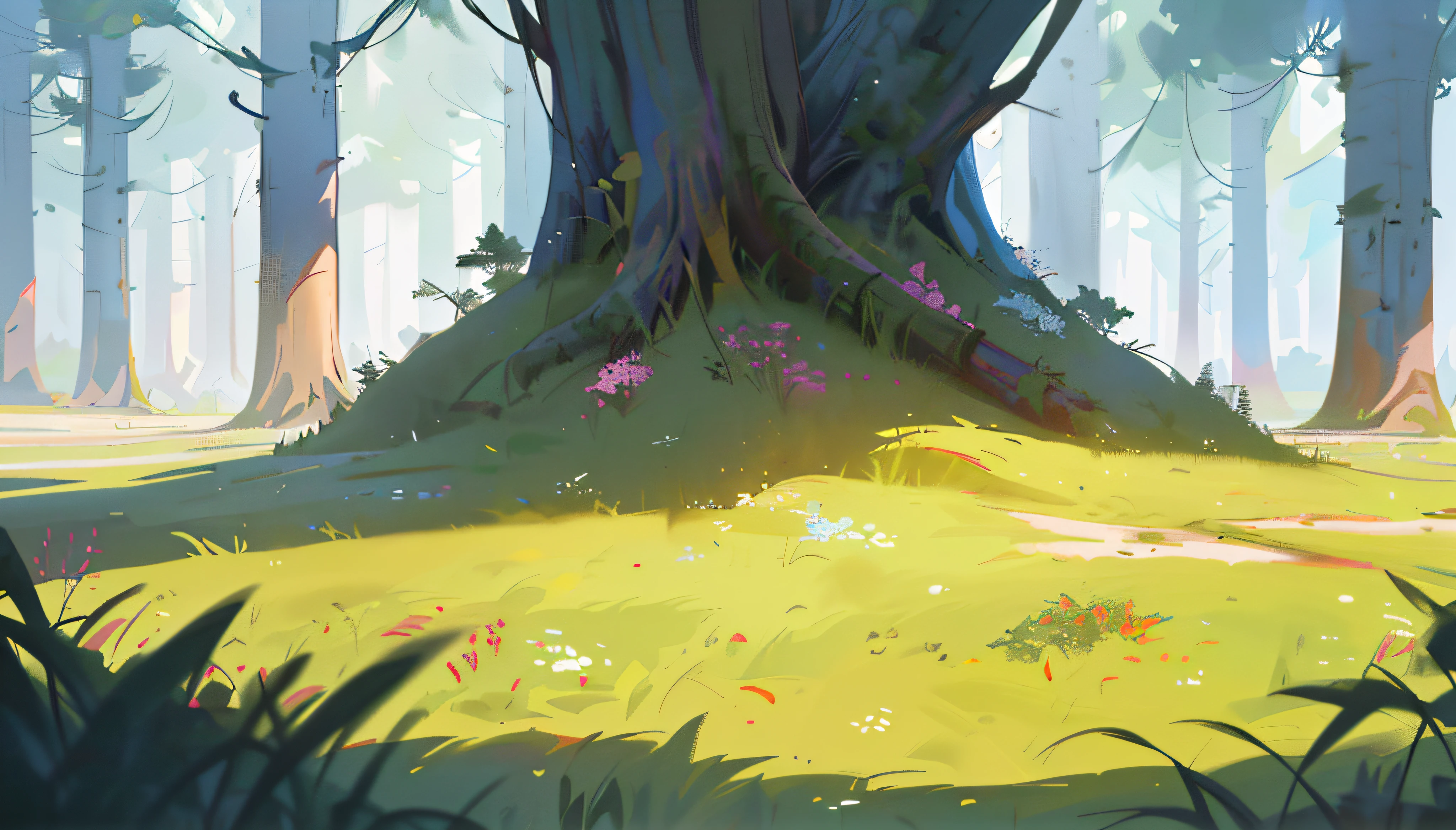 there is a cartoon picture of a tree in the middle of a forest, background art, environment art, background artwork, environment painting, anime background art, environment design illustration, painted as a game concept art, digital painting concept art, environment and concept art, 2d concept art, inspired by senior environment artist, stylized concept art, indie concept art