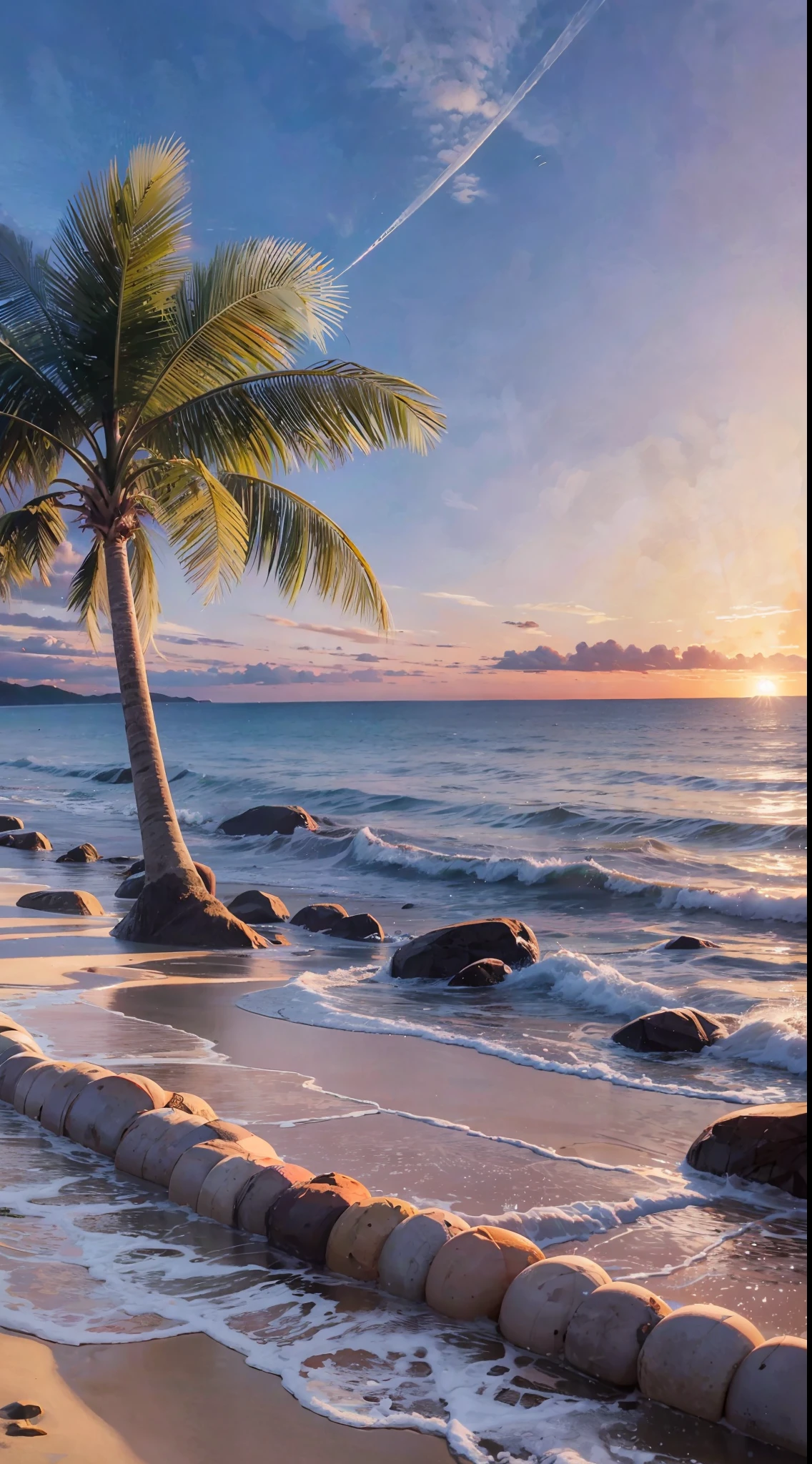 An absolutely mesmerizing sunset on the beach, with a mix of orange, pink, and yellow in the sky. The water is crystal clear, gently kisses the coast, and the white sand is endless. The scene is dynamic and breathtaking, with seagulls soaring high in the sky and palm trees swaying softly. Immerse yourself in the calm atmosphere and let the serenity surround you. --auto --s2