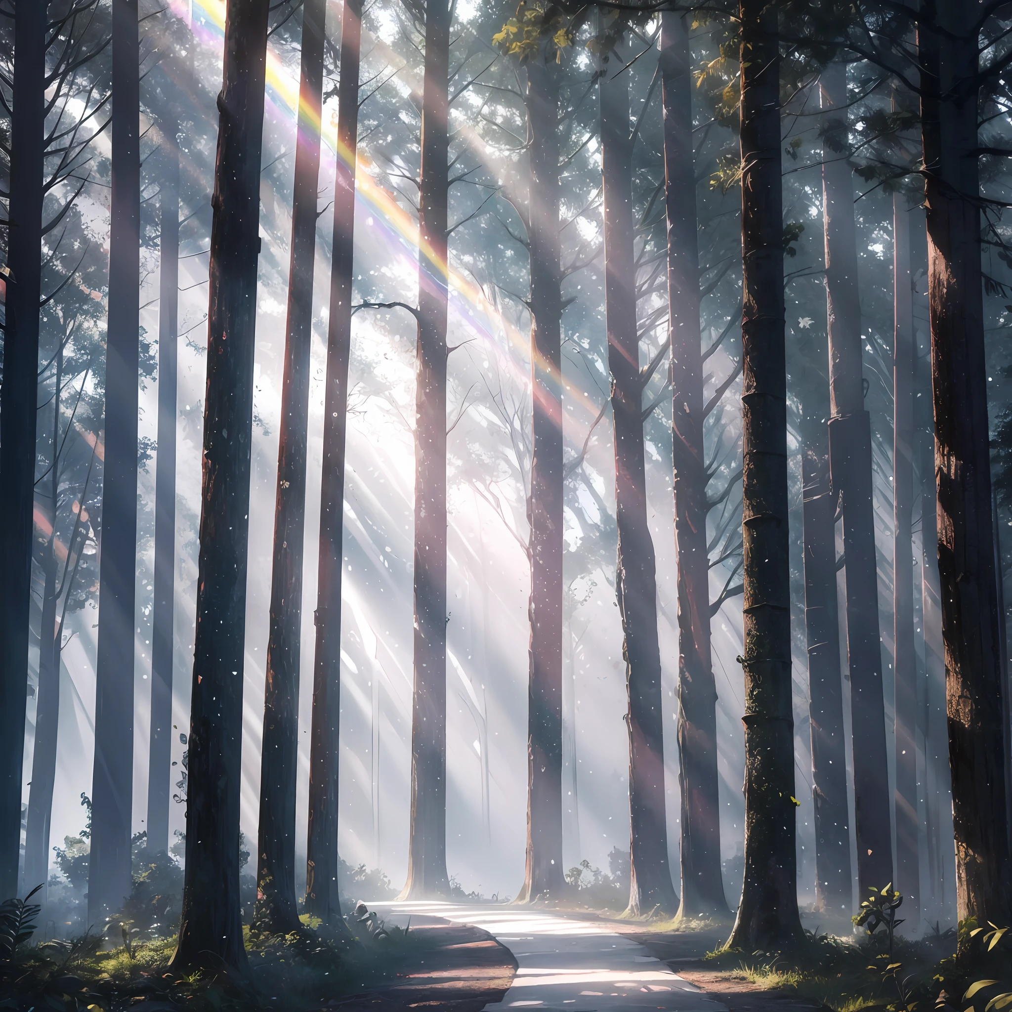 high res, ultra detailed, (no human:1.3), BREAK , Create an image using a rainbow prism effect, with light refracting and creating ethereal cinematic appearance. BREAK , Design an image with a cinematic lens , capturing a wide field of view with a distinctive, curved perspective. BREAK , Capture a forest path, with towering trees, dappled sunlight, and a sense of tranquility and natural beauty. BREAK , Illustrate a ethereal world, using only ethereal shades of black, white, and gray to convey depth, emotion, and a striking visual impact --auto --s2