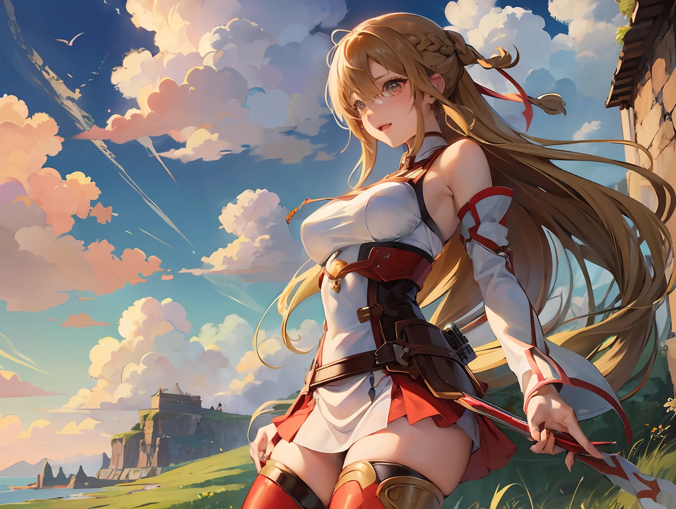 1girl, asuna_\(sao\), bangs, bare_shoulders, blue_sky, blush, boots, braid, breastplate, breasts, brown_eyes, opened_mouth, cloud, cloudy_sky, day, detached_sleeves, grass, hair_between_eyes, long_hair, looking_at_viewer, mountain, outdoors, rock, dancing, thin skirt, sky, smile, solo, , very_long_hair, big boobs,( clothes see through 1.2), Fantasy anime lighting, fantasy anime, NSWF, Nude --auto --s2