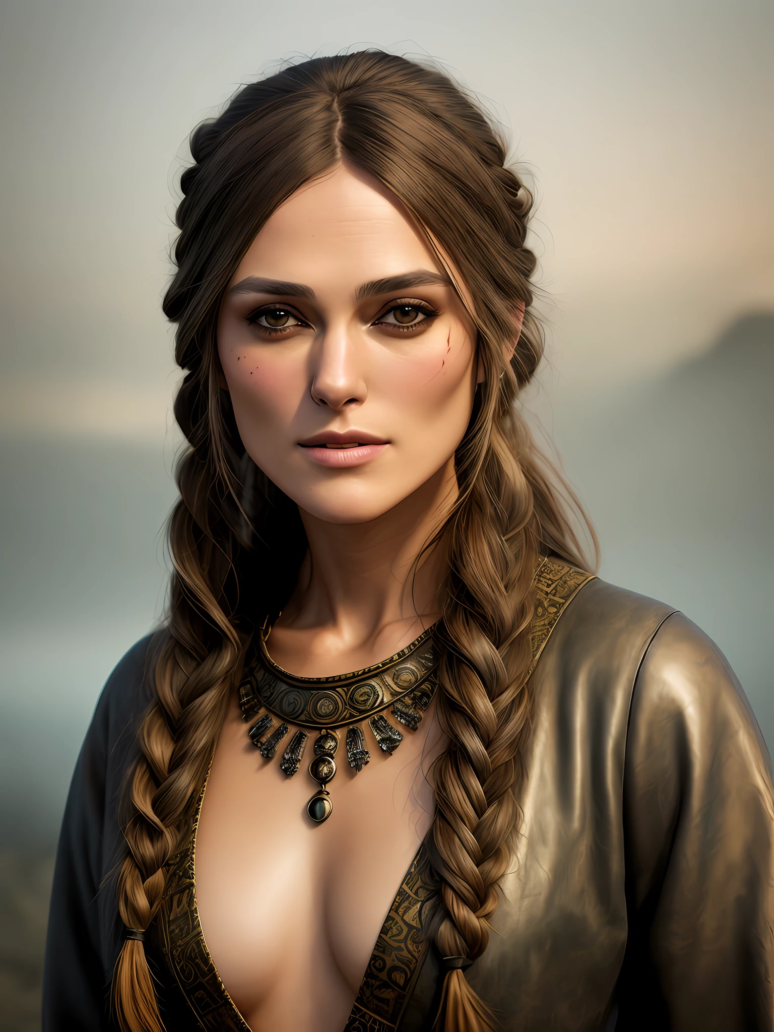 (masterpiece), best quality, expressive eyes, perfect face, a portrait photo, Keira Knightley, native, revealing clothes, indigenous, tribal, tribal clothing, natural skin texture, 24mm, 4k textures, dirty skin, soft cinematic light, adobe lightroom, photolab, smiling, bandana, detailed rain, detailed braided pigtails, tattoos, masterpiece, (beautiful detailed light brown eyes:1.1), best quality, illustration, (detailed lighting:1.2), (beautiful detailed glow:1.3), leather clothing, deep cleavage, intricate, digital painting, smooth, sharp focus, end of the world, epic realistic, (hdr:1.4), (muted colors:1.4), neutral colors, night, screen space refractions, (intricate details, hyperdetailed:1.3), cinematic shot, vignette, sea ship deck background, native battle background, dim colors, vampire hunter