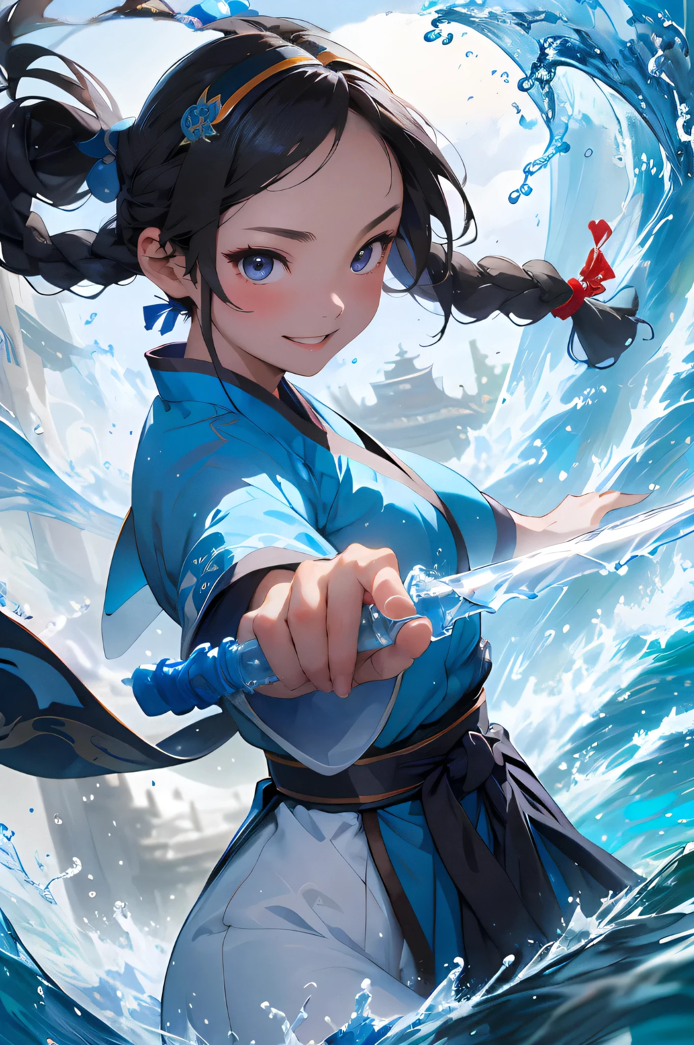 Anime Girl in blue costume holding a bottle of water in front of a wave, ArtGerm and Nguyen Jia, artwork in Guvez style, extremely detailed ArtGerm, sword and wand - water, Nguyen Jia and ArtGerm, sea queen Mu Yan Ling