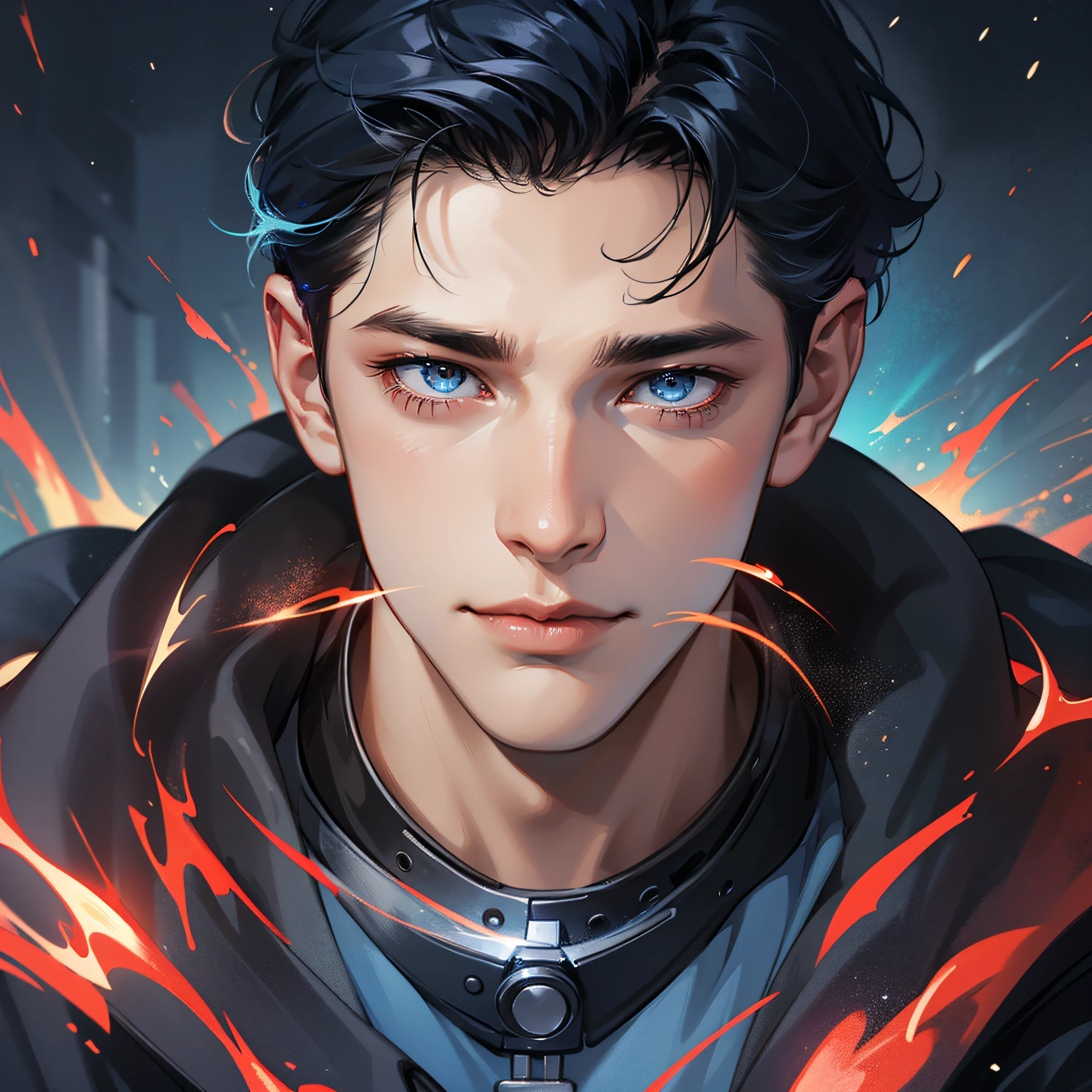 Male, short black hair, blue coat, close-up of face, close-up, dark clouds, red lightning, night