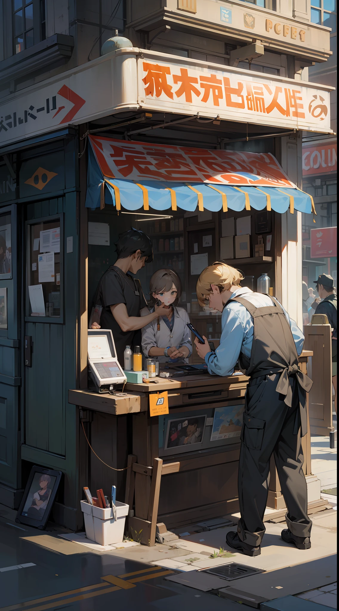 Masterpiece, best quality, mobile phone repair shop, lively streetside, repair mobile phone, Artie Guéland style