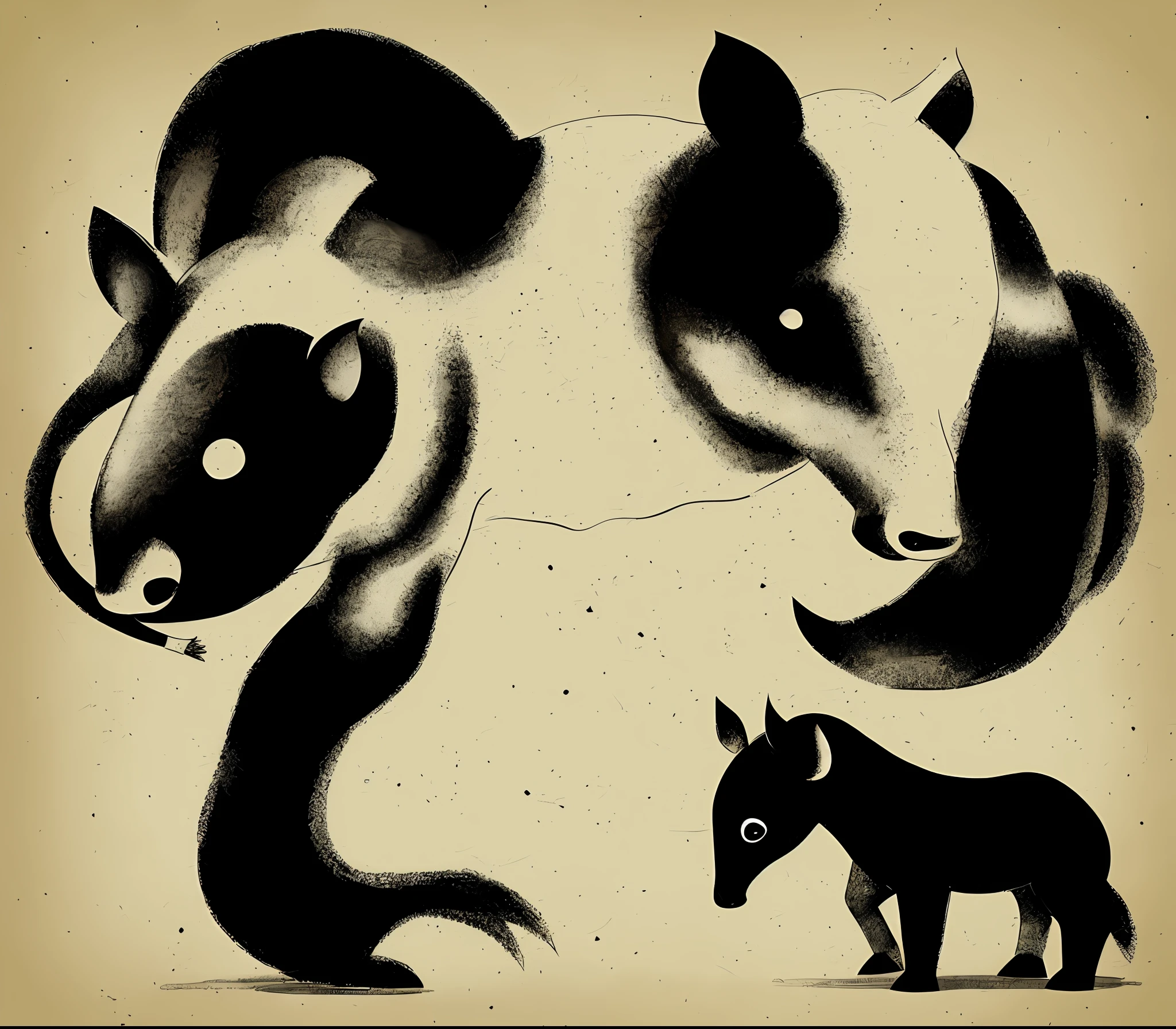 Children's book, tapir in black and white color play, minimalist
