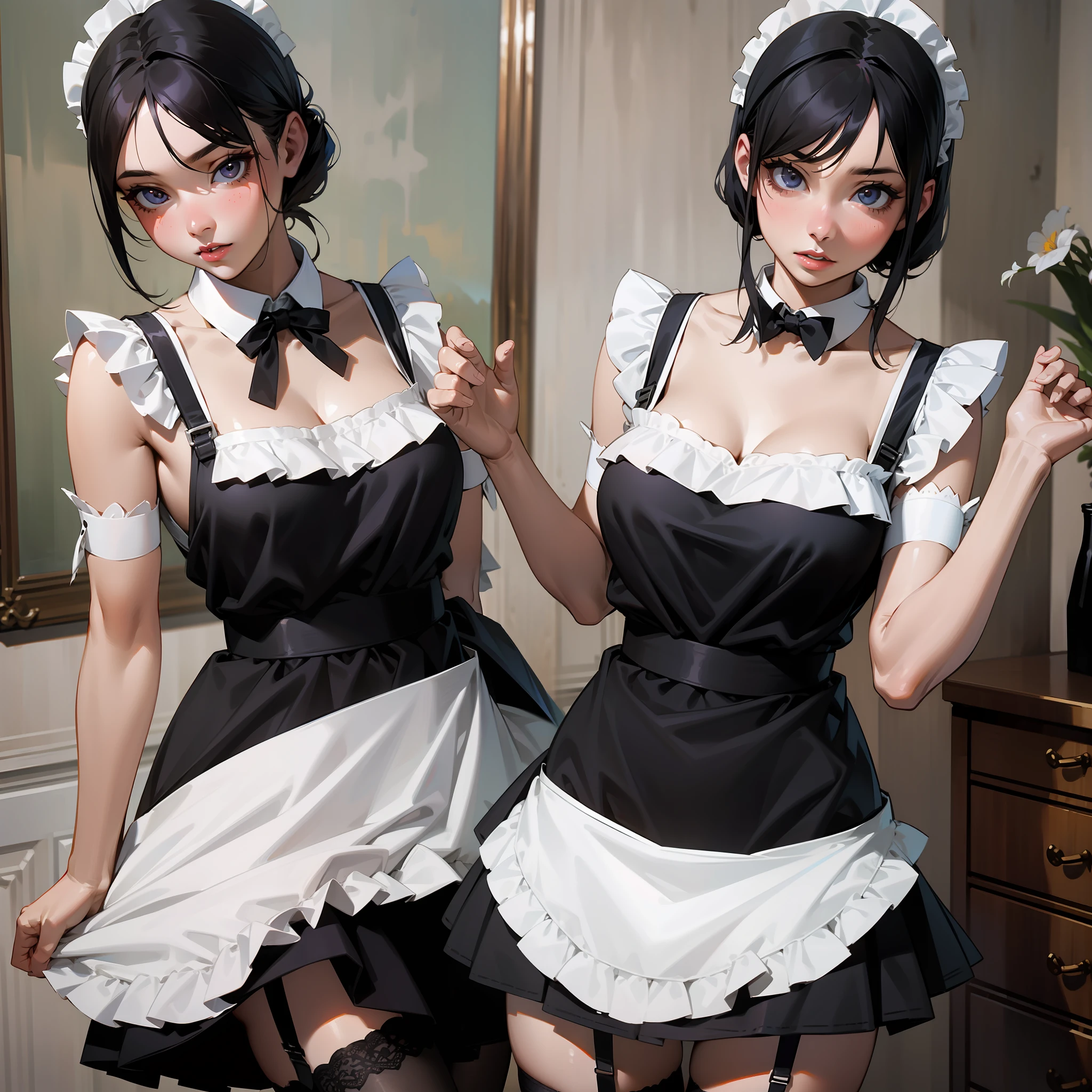 Maid, miniskirt, garter belt, black hair, uphair, ruffled apron
