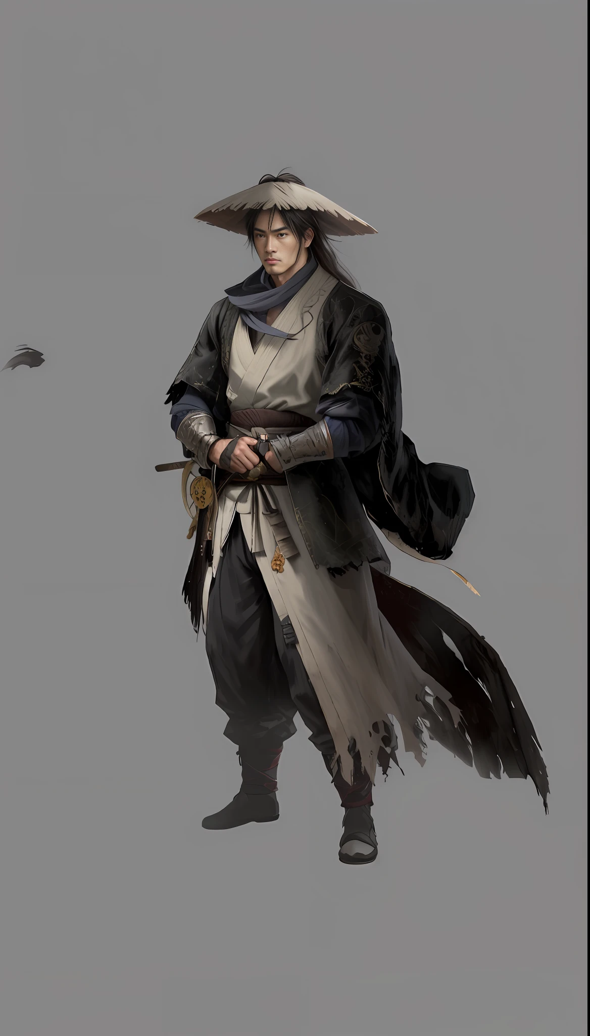 Antique style low martial arts clothes tattered looks handsome and handsome holding sword weapons swordsman long coat