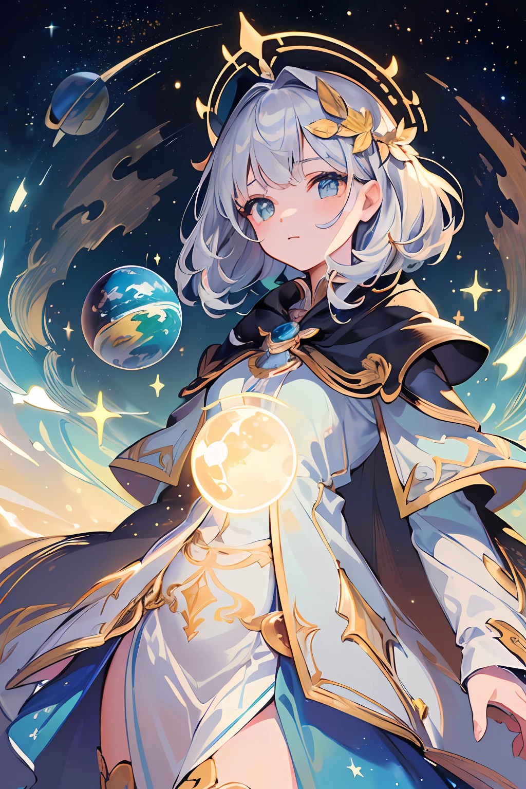 ((best quality)), ((masterpiece)), ((ultra-detailed)), (illustration), (detailed light), (an extremely delicate and beautiful),((a cute girl:1.2)),((cowboy shot)),standding,Starry sky adorns beautiful detailed dress,Cloak,golden {leaf-shape} headdress around two sides of head,(beautiful eyes),floating silver hair, colored inner hair,(Galaxy),(colorful (planets:1.1)),Negative space,background detailed