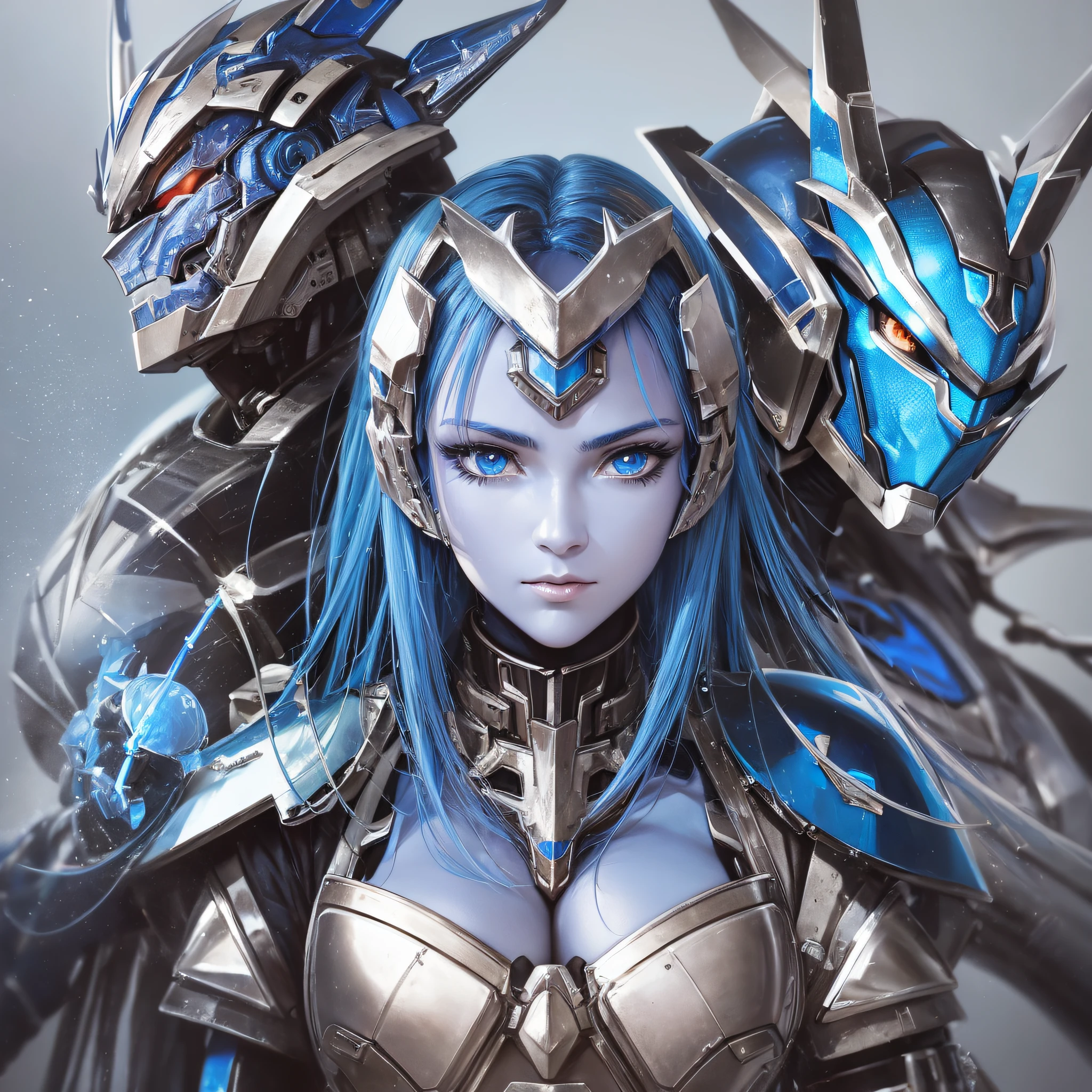 Blue paint, close-up portrait of a person in costume with a sword, cyber japan style armor, cyber japan armor, guyver style, girl in armor, monster hunter armor, full body mecha suit, perfect anime cyborg woman, cyborg noble woman, mecha cyber armor girl, detailed full body concept, female armor, anime character. Full Body Art --auto --s2