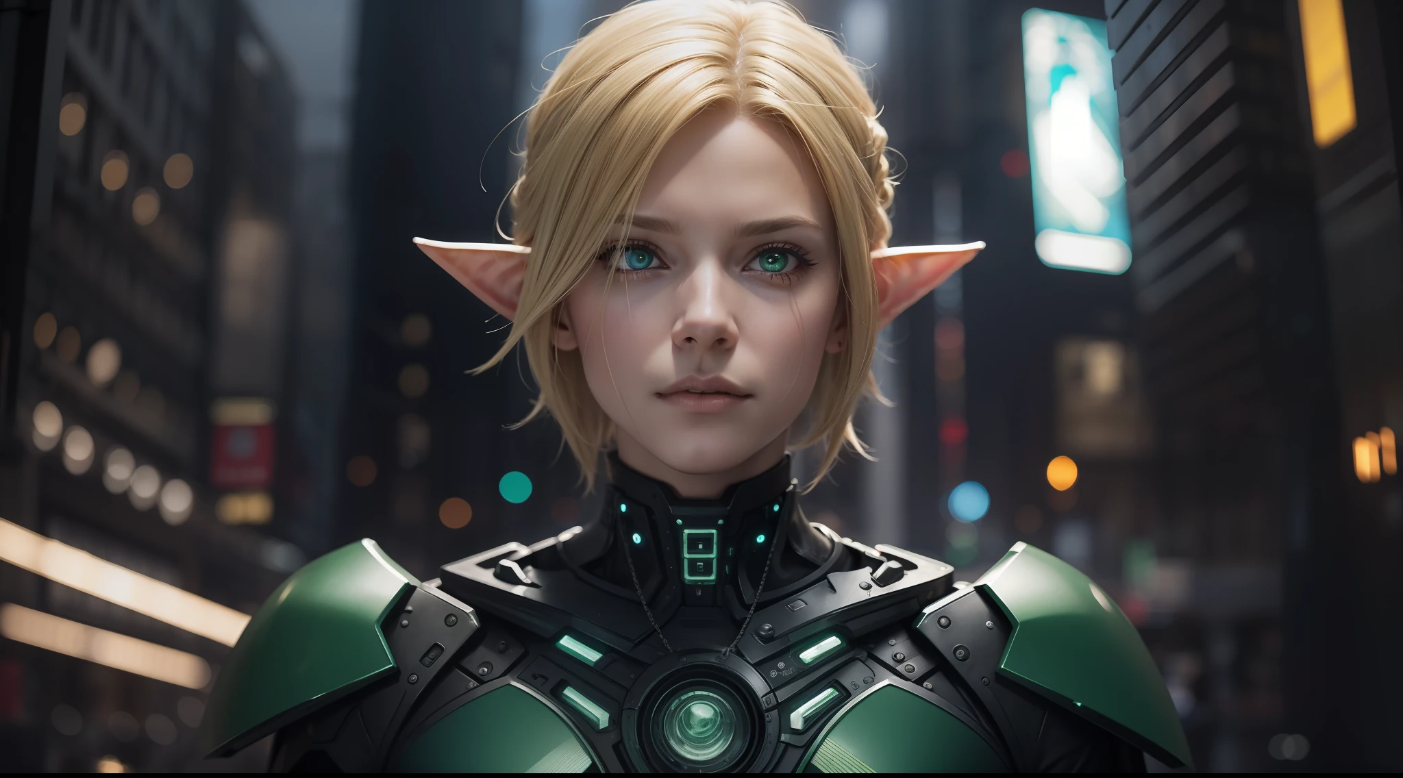Award-winning photo from the waist up, blond elf, male, green eyes, with cybernetic enhancements, alone, in front of a statue, cyberpunk city background, vibrant, photorealistic, hyperrealism, strong impressionist painting style, 1,618, elegant, ethereal, intricate, elaborate, hyper-realism, hyper-detailed, strong expressiveness and emotionality, cinematic lighting, visual clarity