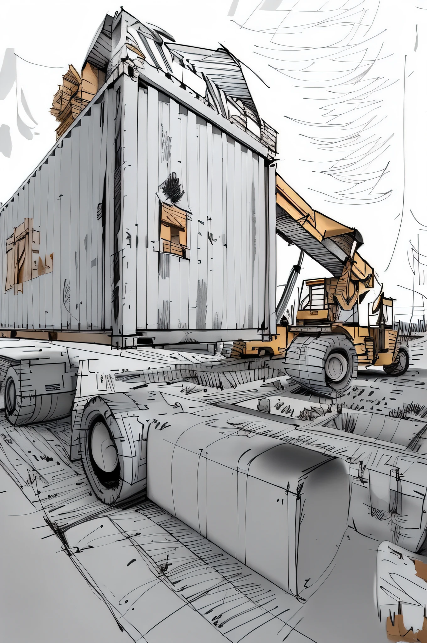 linear, gray, white background, simple background, sketch, sketch, pen_sketch_style, there is a large bulldozer that is parked in front of the truck, lifting the container, loading, heavy machinery, large shovel, mining scrap metal, gravel, hard work, massive construction machines