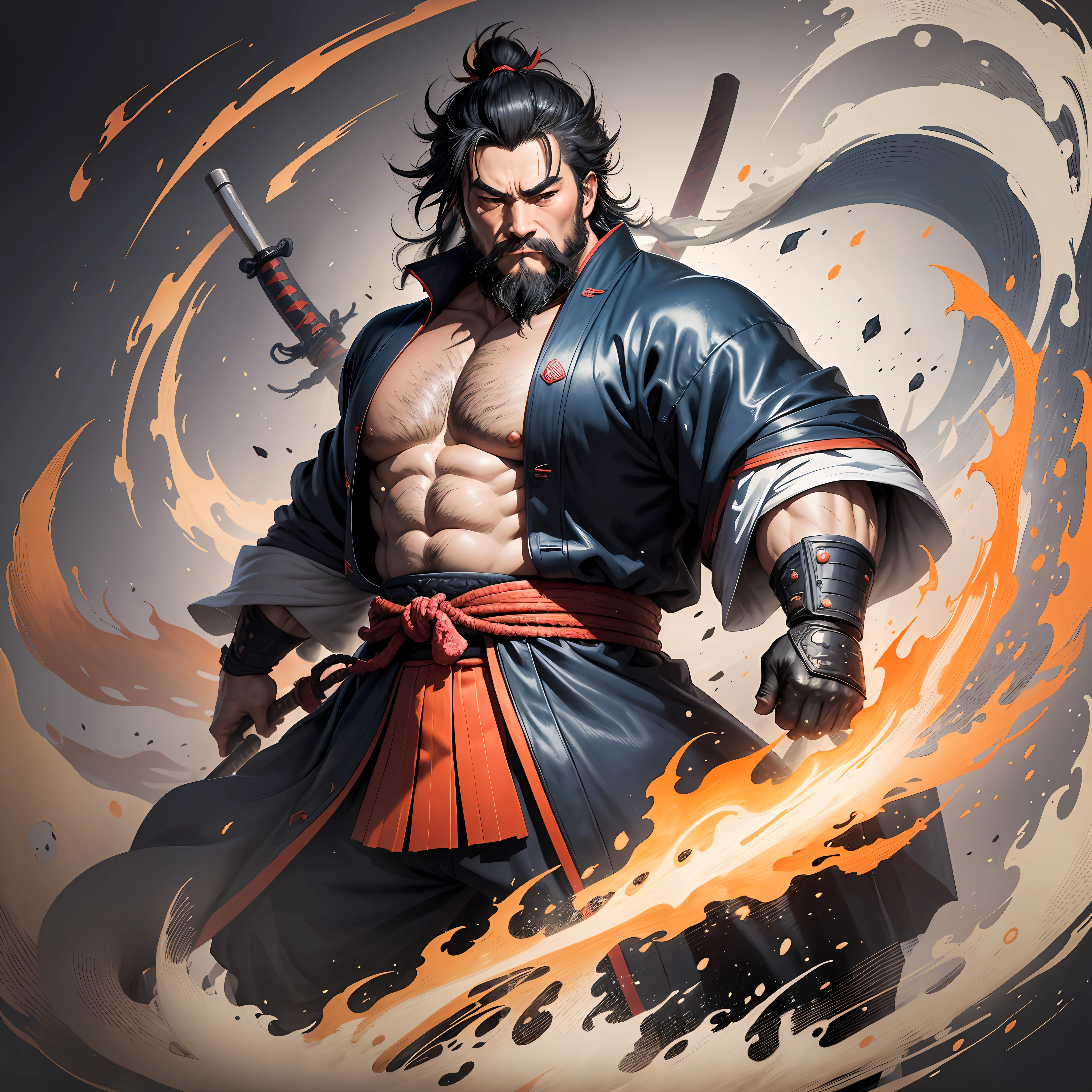 It is a full-body painting with natural colors in the style of ukiyo-e. Miyamoto Musashi is a Japan samurai with a large body like a strongman. He has a rough face, short black hair, and a short, trimmed beard. He is a righteous samurai who fights evil. He wears a black kimono. The hakama should be a little longer and draw in a flowing shape that flutters in the wind. He holds a sword in his right hand with flames coming out of his Japan sword. The background is a swirling flame in Katsushika Hokusai style. Masterpiece high-resolution ukiyo-e style, with the highest quality