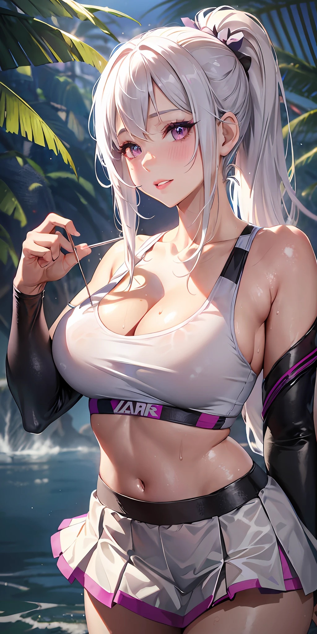 realistic, 1girl, ponytail, parted lips, blush, makeup, light smile, white hair, sportswear, skirt, wet clothes, glow, thighs, purple eye, bare shoulders, collarbone, narrow waist, sunbeam, sunlight, rose, wind, cleavage, (masterpiece), sweat,