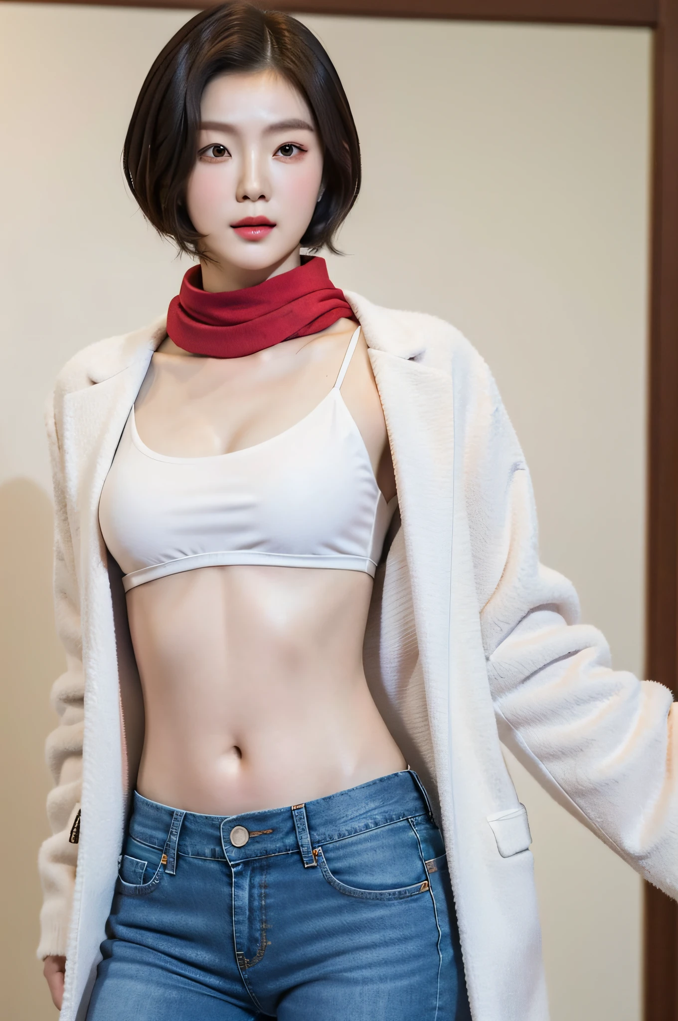 Bikini, red scarf, full breasts, asian woman in white coat and jeans, short hair, posing for photos, realistic painting by Zhang Han, Instagram, Shin hanga, korean female fashion model, gorgeous korean young woman, beautiful korean woman, beautiful korean young woman, korean girl, gorgeous chinese model, korean woman, slim girl model photo, sun unjoo, wearing sexy cropped top