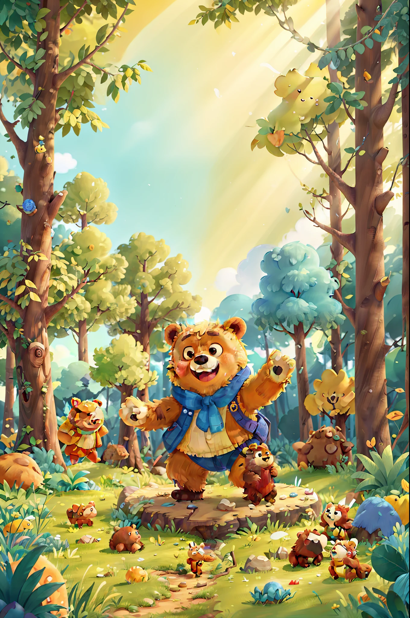 Best Quality, Extreme Detail, 8K, Masterpiece, Ultimate Light and Shadow, Flat Illustration, Vector, Forest, Bright Sun, Tree, Yellow Bear, Teddy Bear, Cute: 2, Joyful Scene, Happy, Dancing, Camping, Blue Sky and White Clouds, Meadow, Stream,