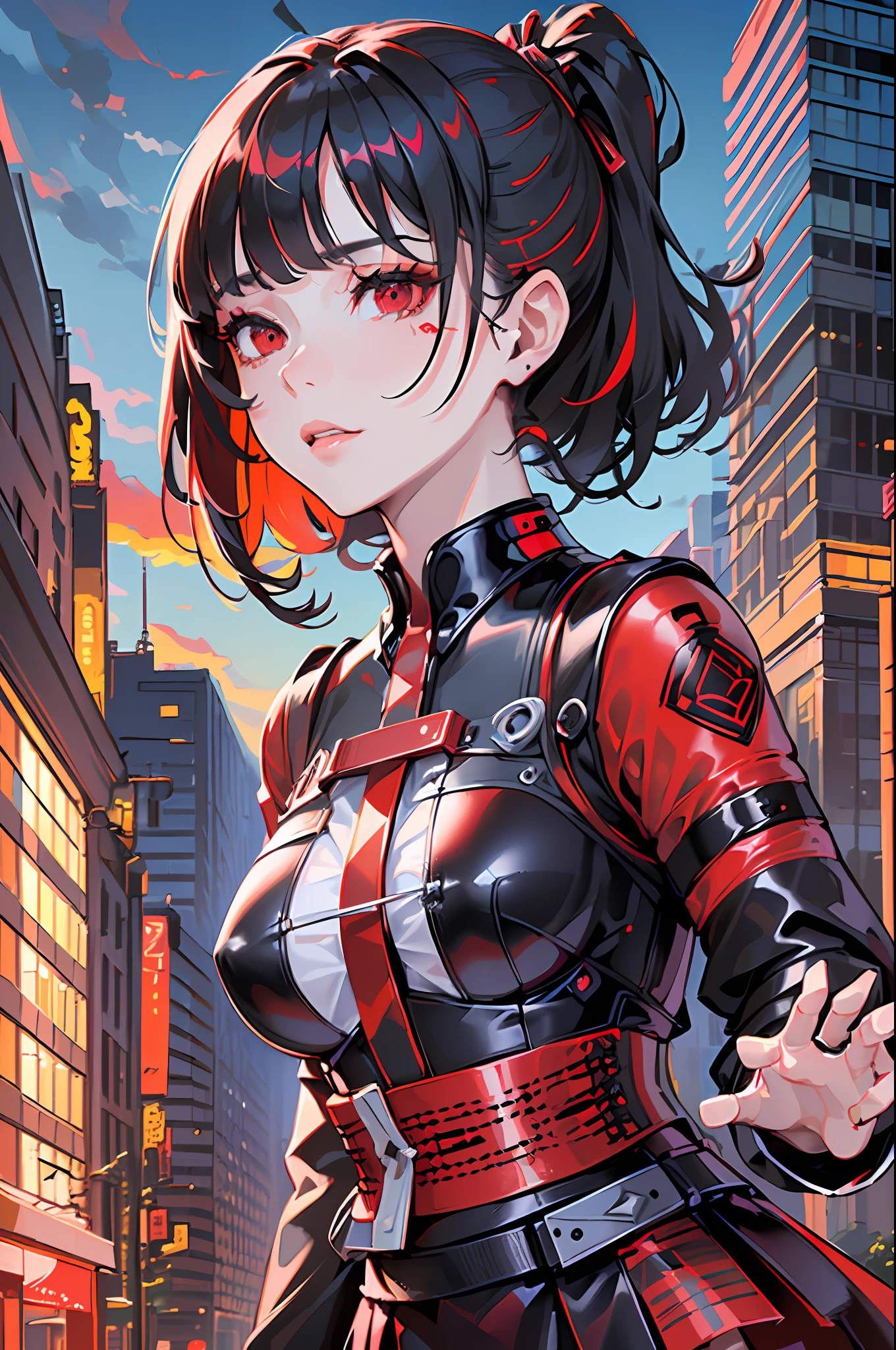 (finely detailed beautiful red eyes and detailed face,masterpiece sidelighting,masterpiece,best quality,detailed,high resolution illustration),(urban techwear, cybernetic background, sunny city),(1girl,whole body,bishoujo,lustrous skin,looking down,looking at viewer),(black hair,red eyes,short skirt,ribbon,button shirt)