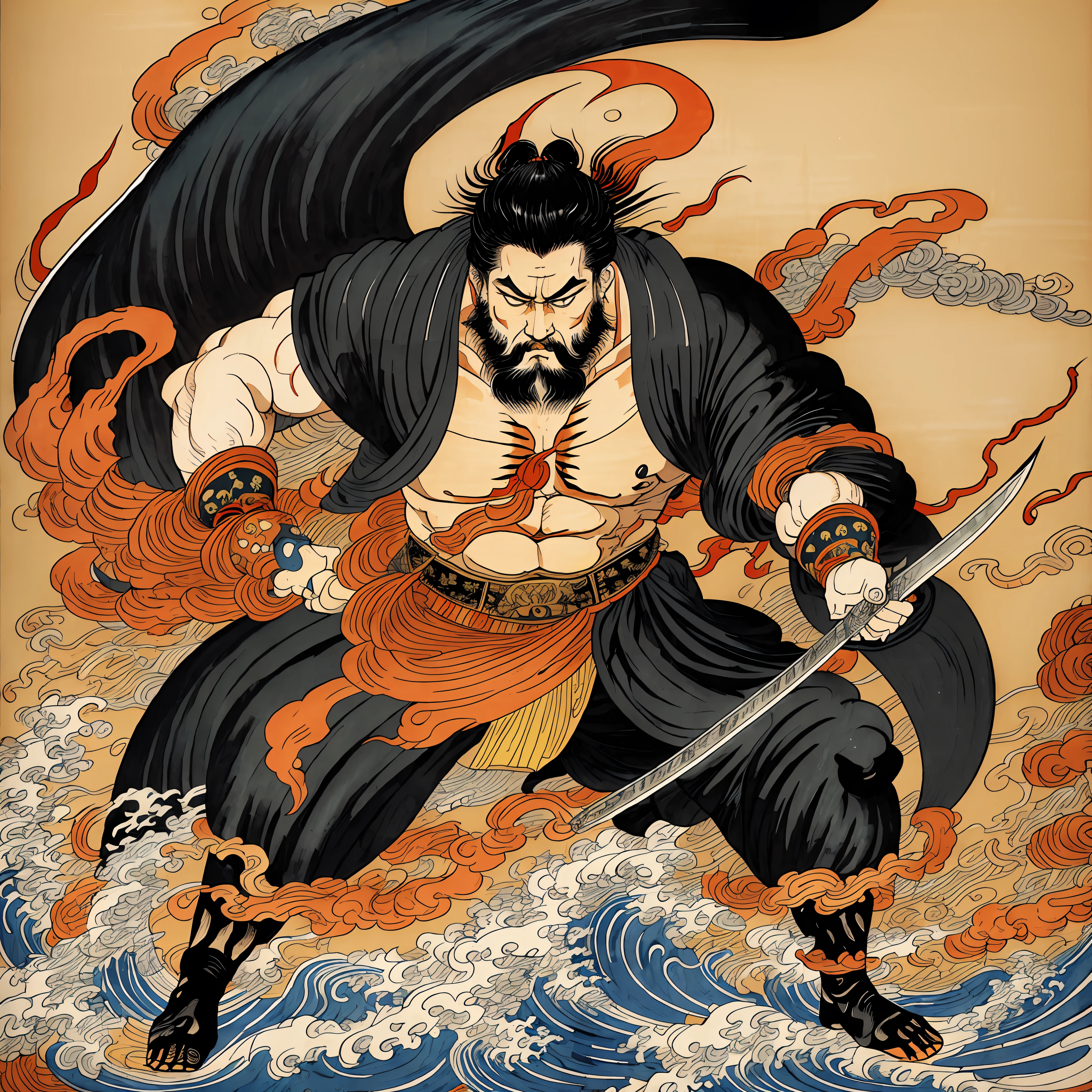 It is a full-body painting with natural colors in the style of ukiyo-e. A Japan samurai with a large body like a strongman. He has a rough face, short black hair, and a short, trimmed beard. He wears a black kimono. The hakama should be a little longer and draw in a flowing shape that flutters in the wind. He holds a sword in his right hand with flames coming out of his Japan sword. The background is a swirling flame in Katsushika Hokusai style. Masterpiece high-resolution ukiyo-e style, with the highest quality --auto --s2