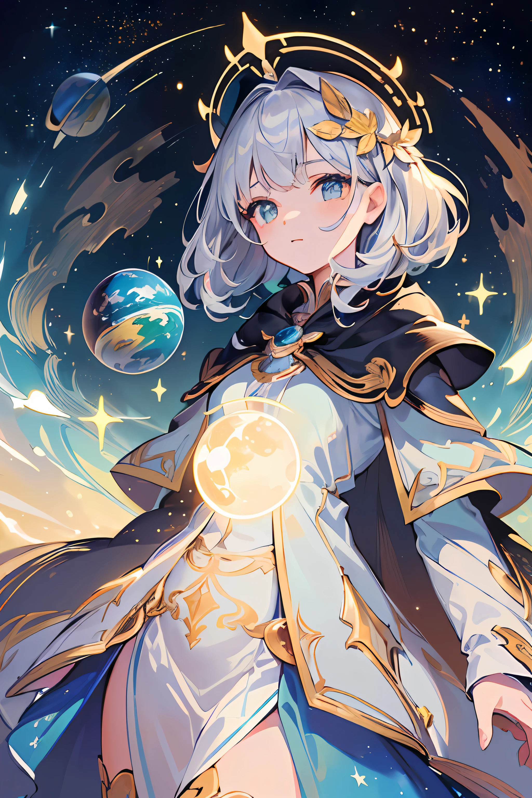 ((best quality)), ((masterpiece)), ((ultra-detailed)), (illustration), (detailed light), (an extremely delicate and beautiful),((a cute girl:1.2)),((cowboy shot)),standding,Starry sky adorns beautiful detailed dress,Cloak,golden {leaf-shape} headdress around two sides of head,(beautiful eyes),floating silver hair, colored inner hair,(Galaxy),(colorful (planets:1.1)),Negative space,background detailed