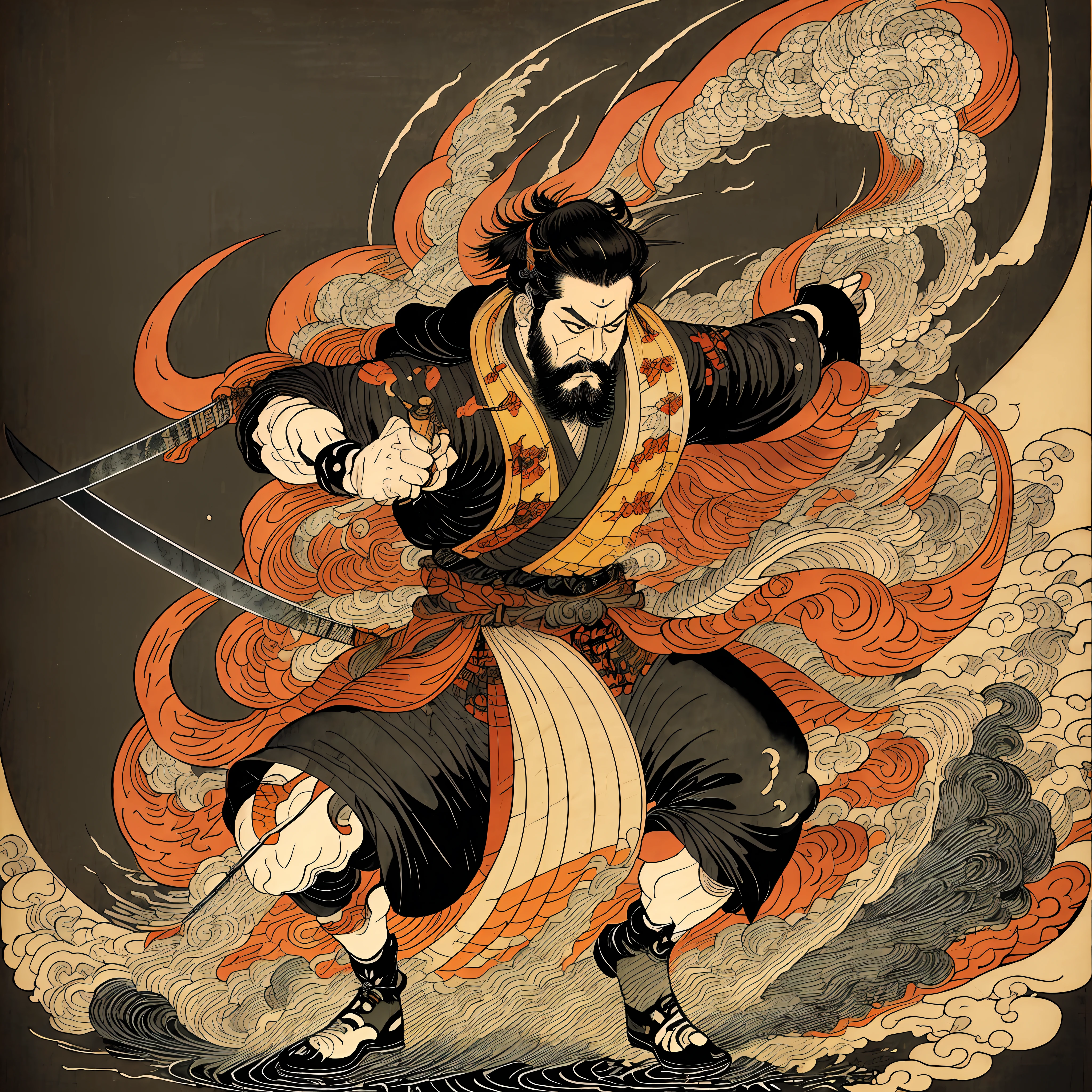 It is a full-body painting with natural colors in the style of ukiyo-e. A Japan samurai with a large body like a strongman. He has a rough face, short black hair, and a short, trimmed beard. He wears a black kimono. The hakama should be a little longer and draw in a flowing shape that flutters in the wind. He holds a sword in his right hand with flames coming out of his Japan sword. The background is a swirling flame in Katsushika Hokusai style. Masterpiece high-resolution ukiyo-e style, with the highest quality --auto --s2