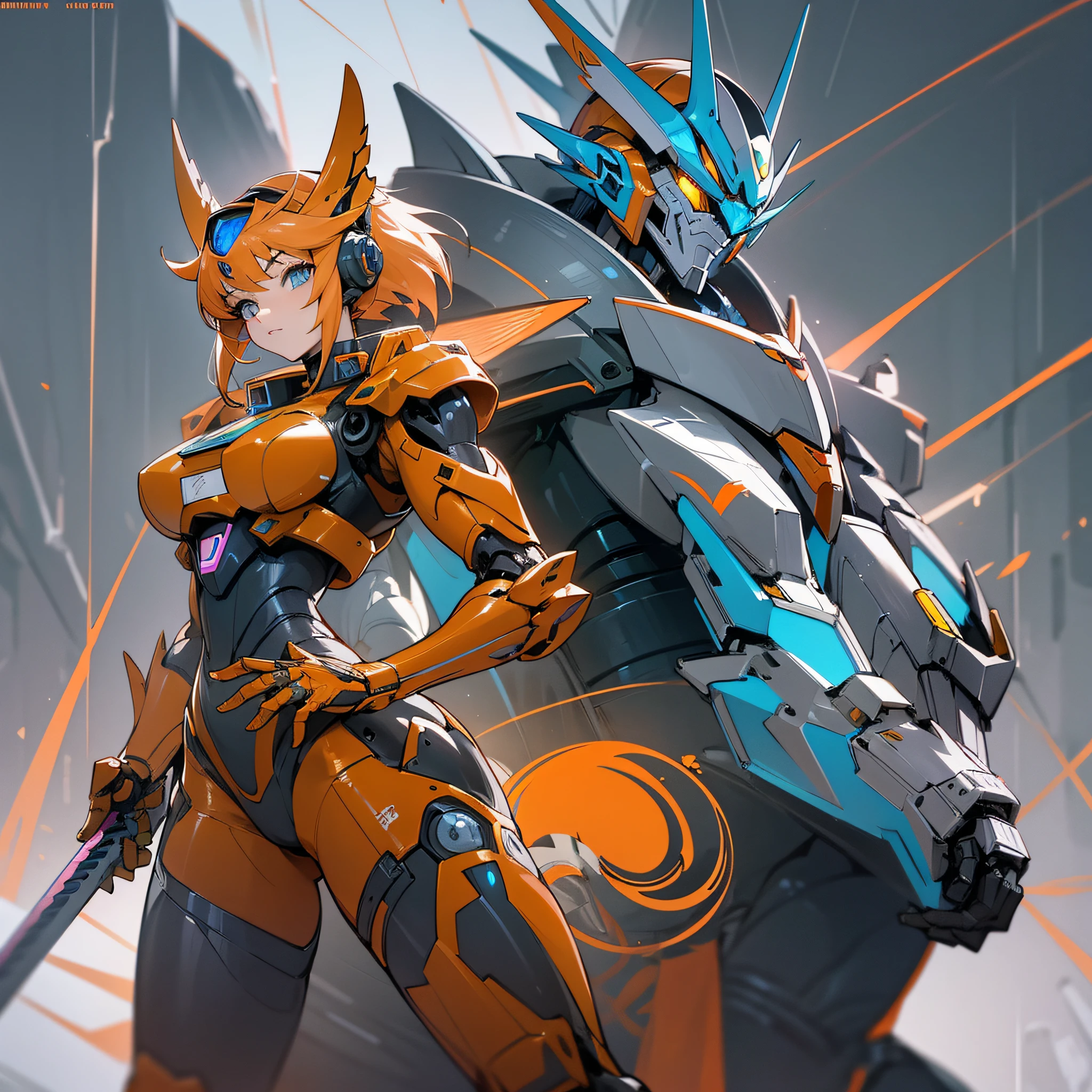 Orange paint, close-up portrait of a person in costume with a sword, cyber japan style armor, cyber japan armor, guyver style, girl in armor, monster hunter armor, full body mecha suit, perfect anime cyborg woman, cyborg noble woman, mecha cyber armor girl, detailed full body concept, female armor, anime character. Full Body Art --auto --s2