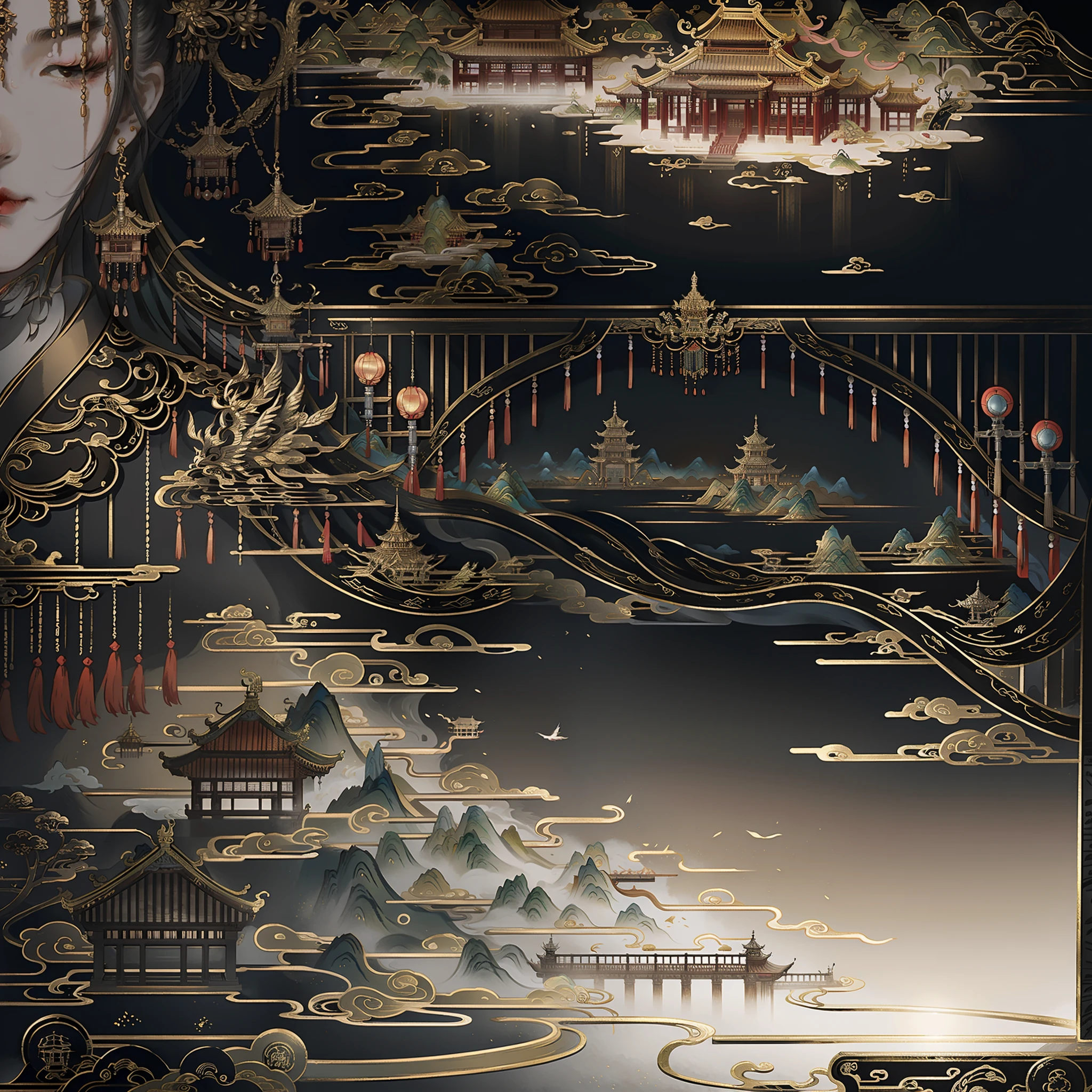 classical chinese architecture, ancient chinese background, mountains, river, auspicious clouds, pavilions, sunlight, masterpiece, super detail, epic composition, ultra hd, high quality, extremely detailed, official art, unified 8k wallpaper, super detailed, super real. Master Works, Official Art, 32K -- V 6