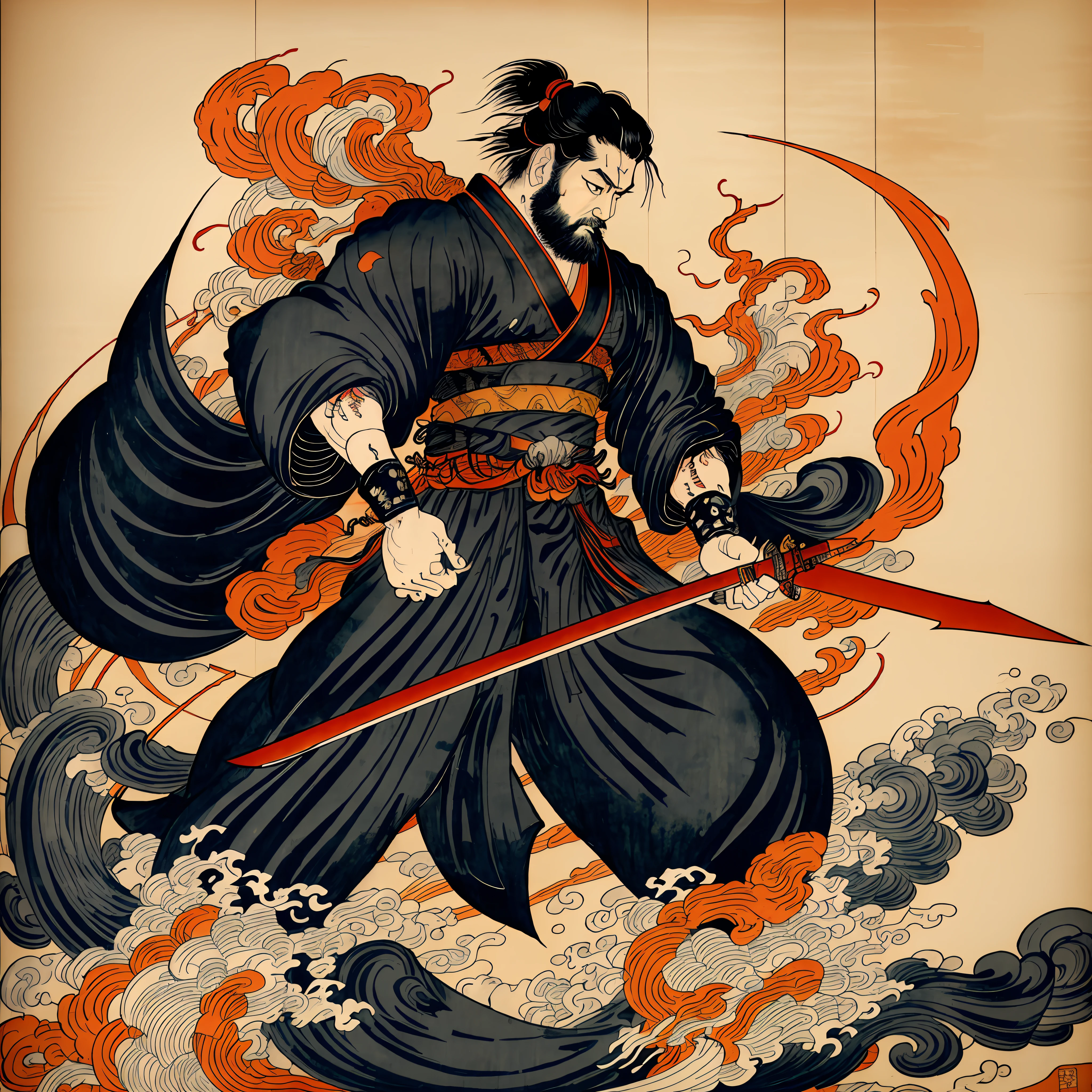 It is a full-body painting with natural colors in the style of ukiyo-e. A Japan samurai with a large body like a strongman. He has a rough face, short black hair, and a short, trimmed beard. He wears a black kimono. The hakama should be a little longer and draw in a flowing shape that flutters in the wind. He holds a sword in his right hand with flames coming out of his Japan sword. The background is a swirling flame in Katsushika Hokusai style. Masterpiece high-resolution ukiyo-e style, with the highest quality --auto --s2