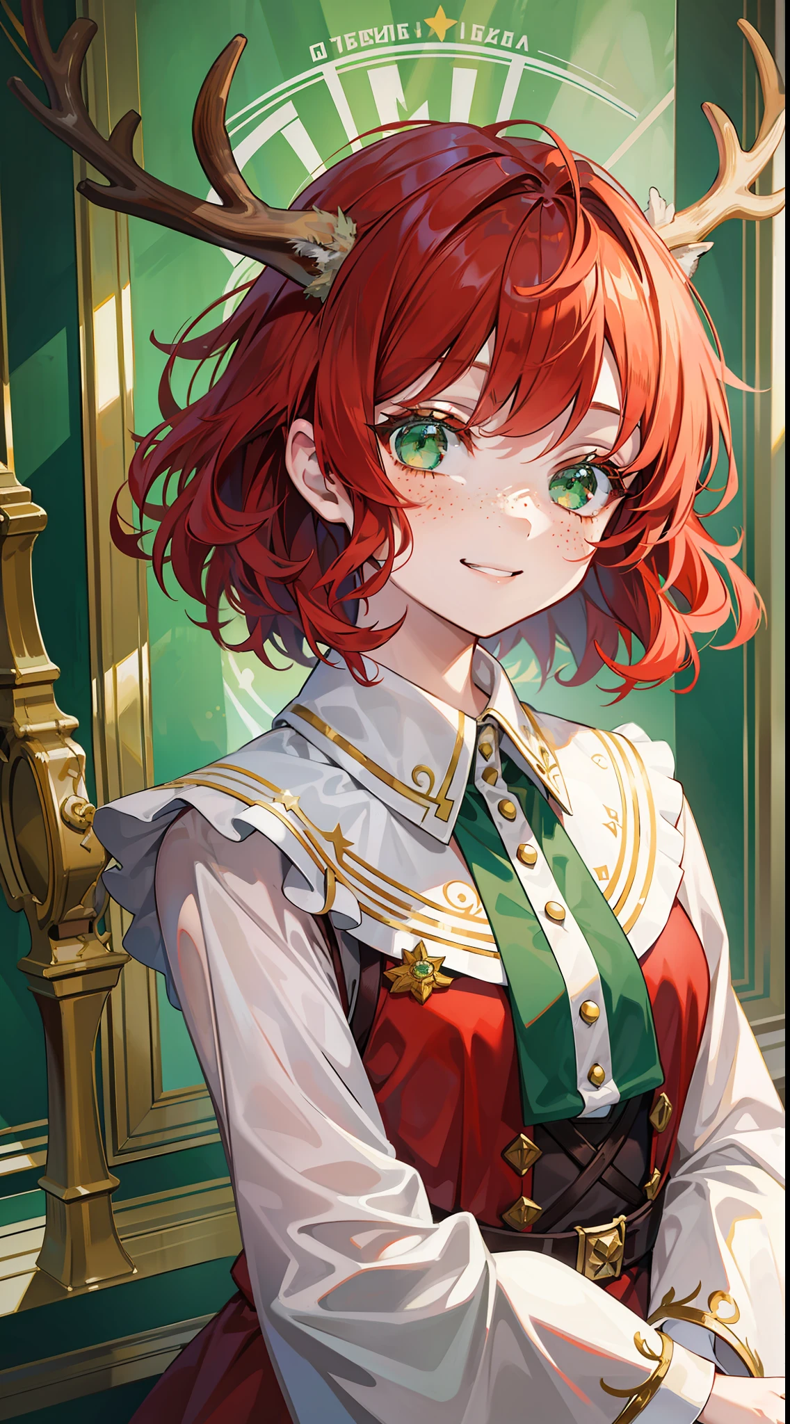 Young girl, short red hair, curly hair, green eyes, freckles, deer antlers, old Russian dress, smile, masterpiece, high quality