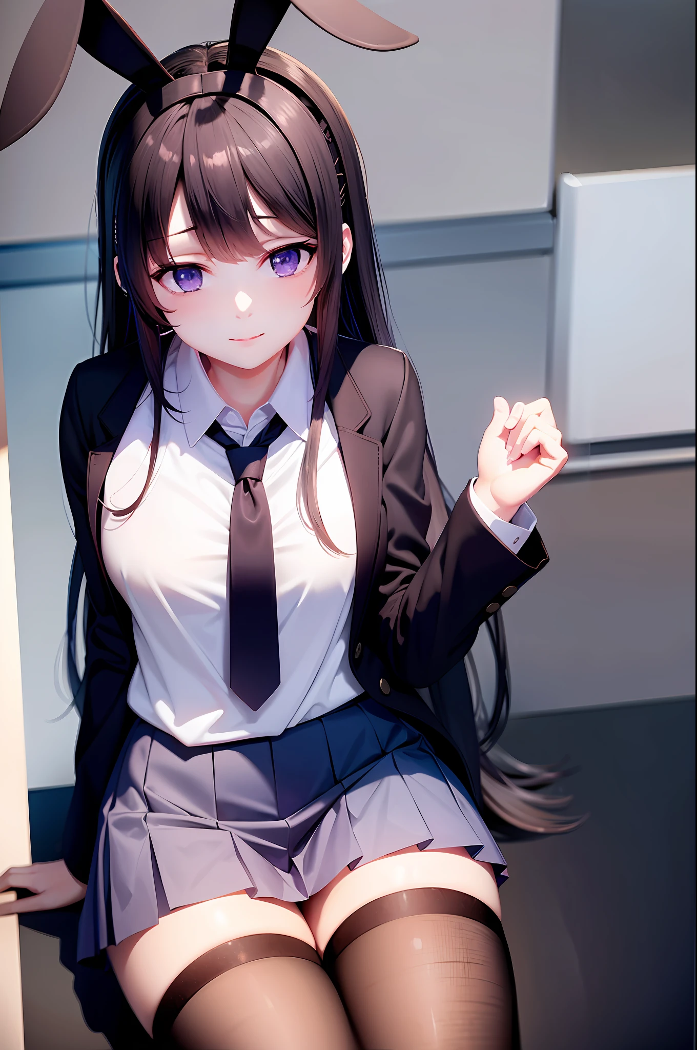 School uniform, white shirt, knee-length socks, pleated skirt, tie, rabbit ears, mayijan, faint smile, mid_breats, best quality