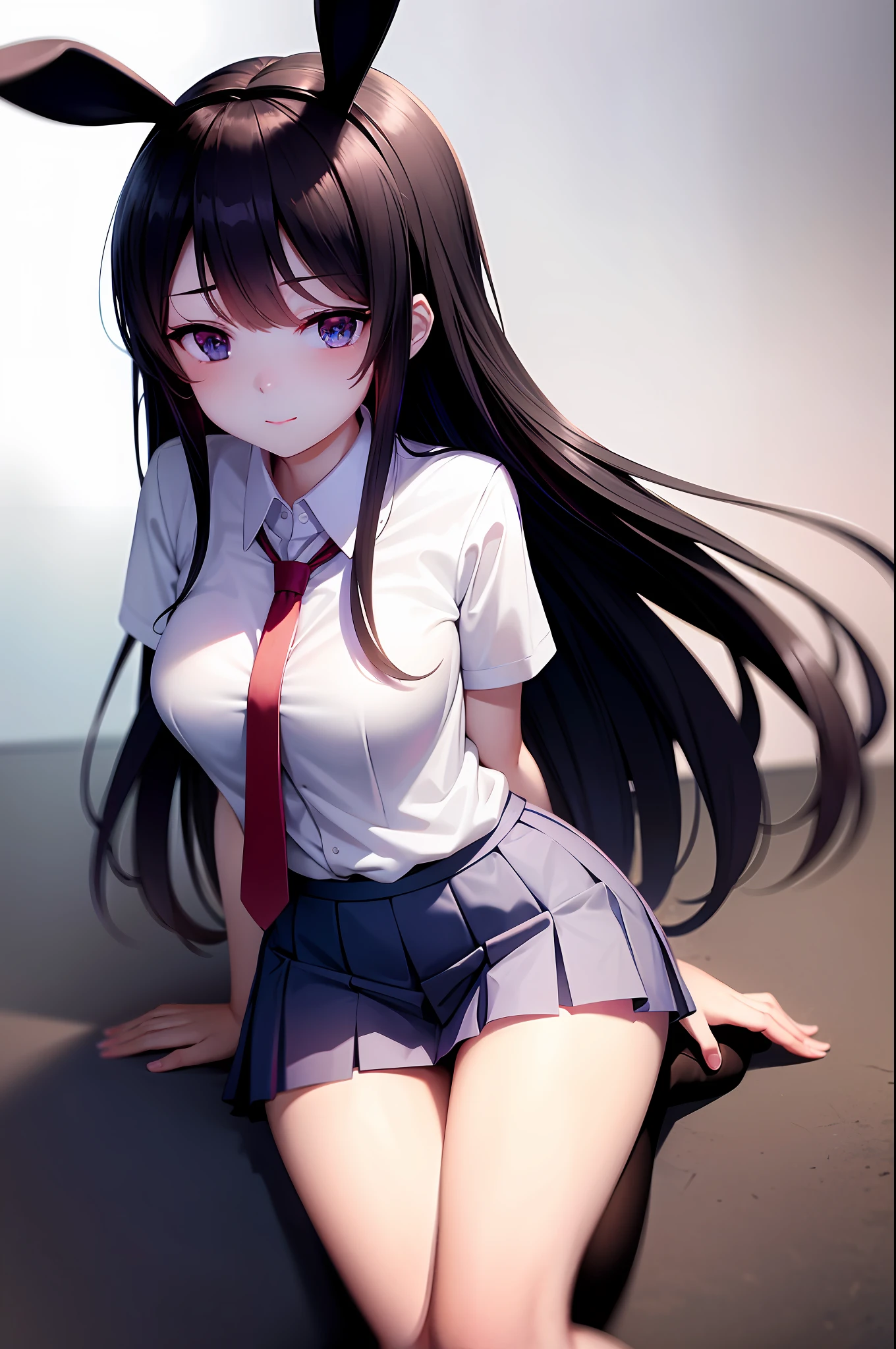 School uniform, white shirt, knee-length socks, pleated skirt, tie, rabbit ears, mayijan, faint smile, mid_breats, best quality