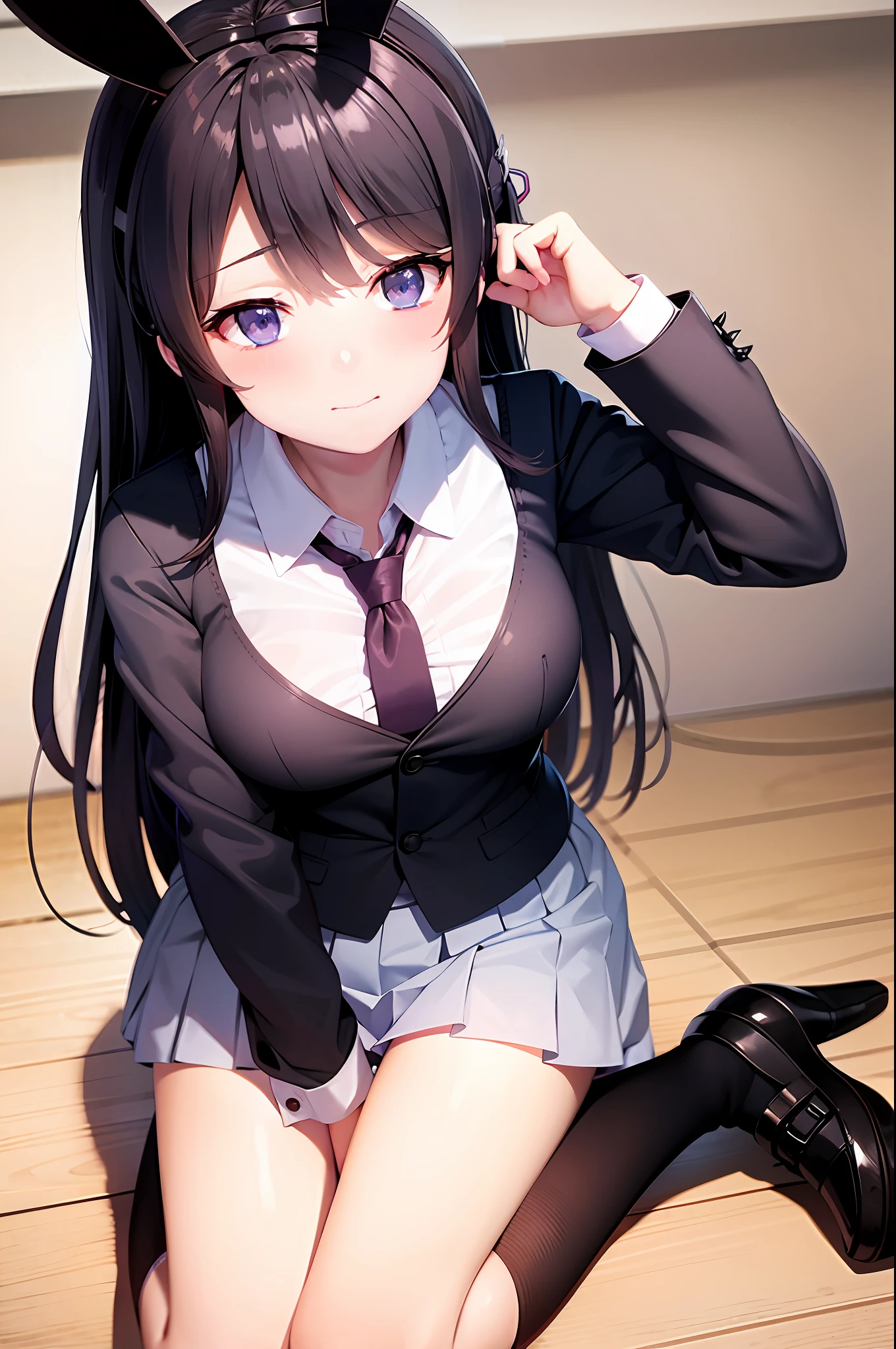 School uniform, white shirt, knee-length socks, pleated skirt, tie, rabbit ears, mayijan, faint smile, mid_breats, best quality