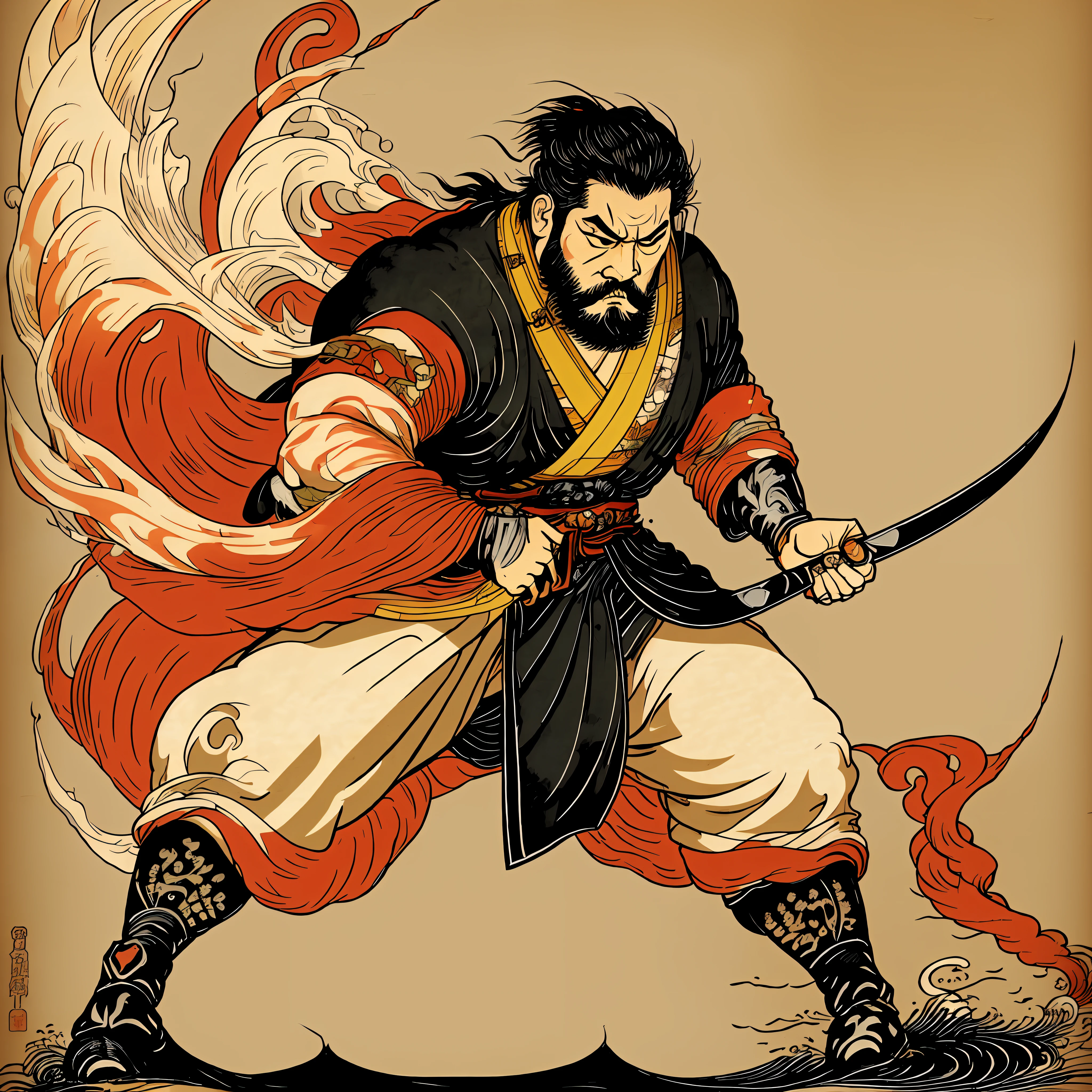 It is a full-body painting with natural colors in a cartoon-like style. A Japan samurai with a large body like a strongman. He has a rough face, short black hair, and a short, trimmed beard. He wears a black kimono. The hakama should be a little longer and draw in a flowing shape that flutters in the wind. In his right hand he holds a Japan sword that wears flames. The background is a swirling flame in Katsushika Hokusai style. In the highest quality, it is a masterpiece high resolution acrylic and a work that will be trending in Pixcv fanbox --auto --s2