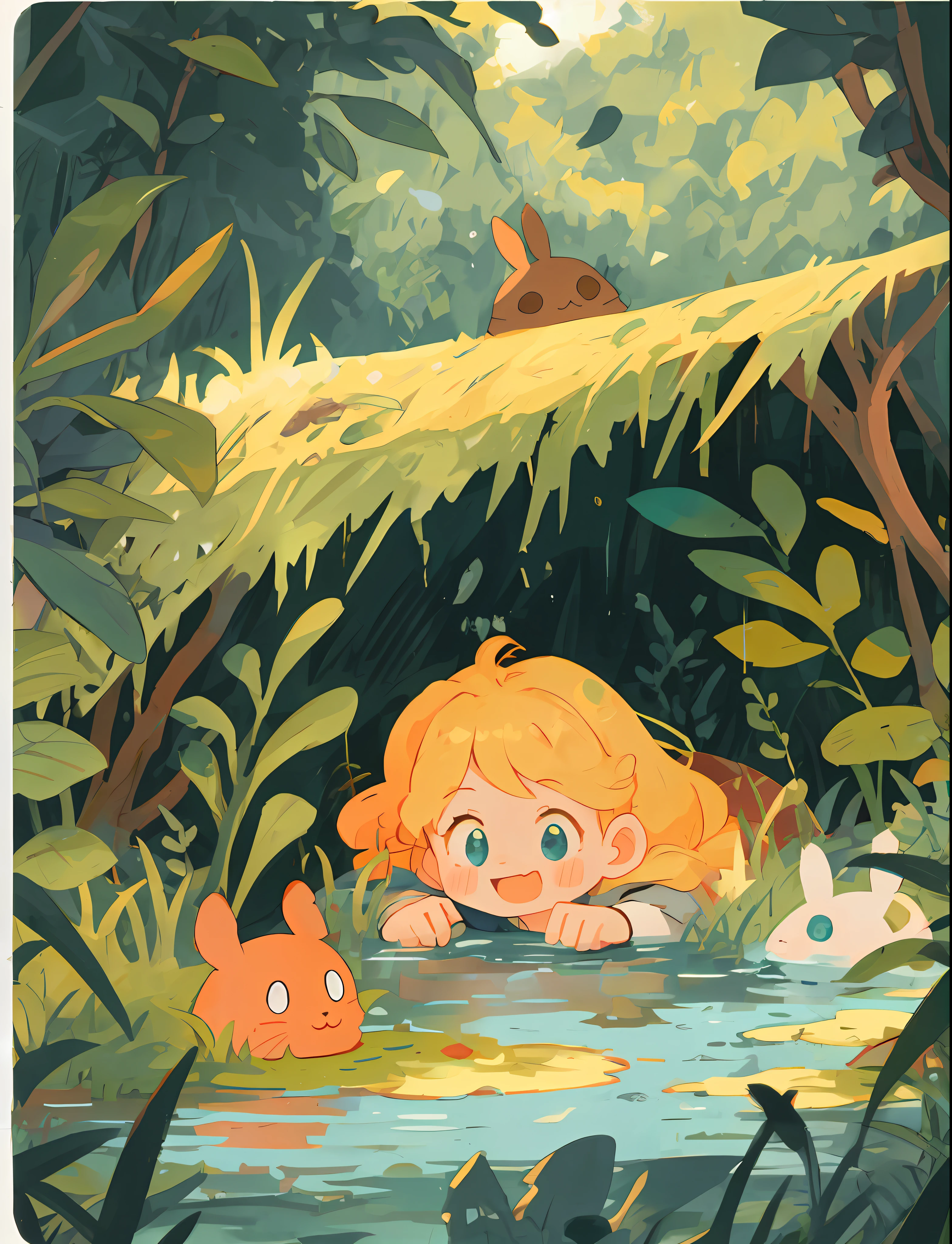cute girl in pond and bunny, in river with jungle, cute art style, in the swamp cute forest creature, forest with rabbits, digital 2d illustration,