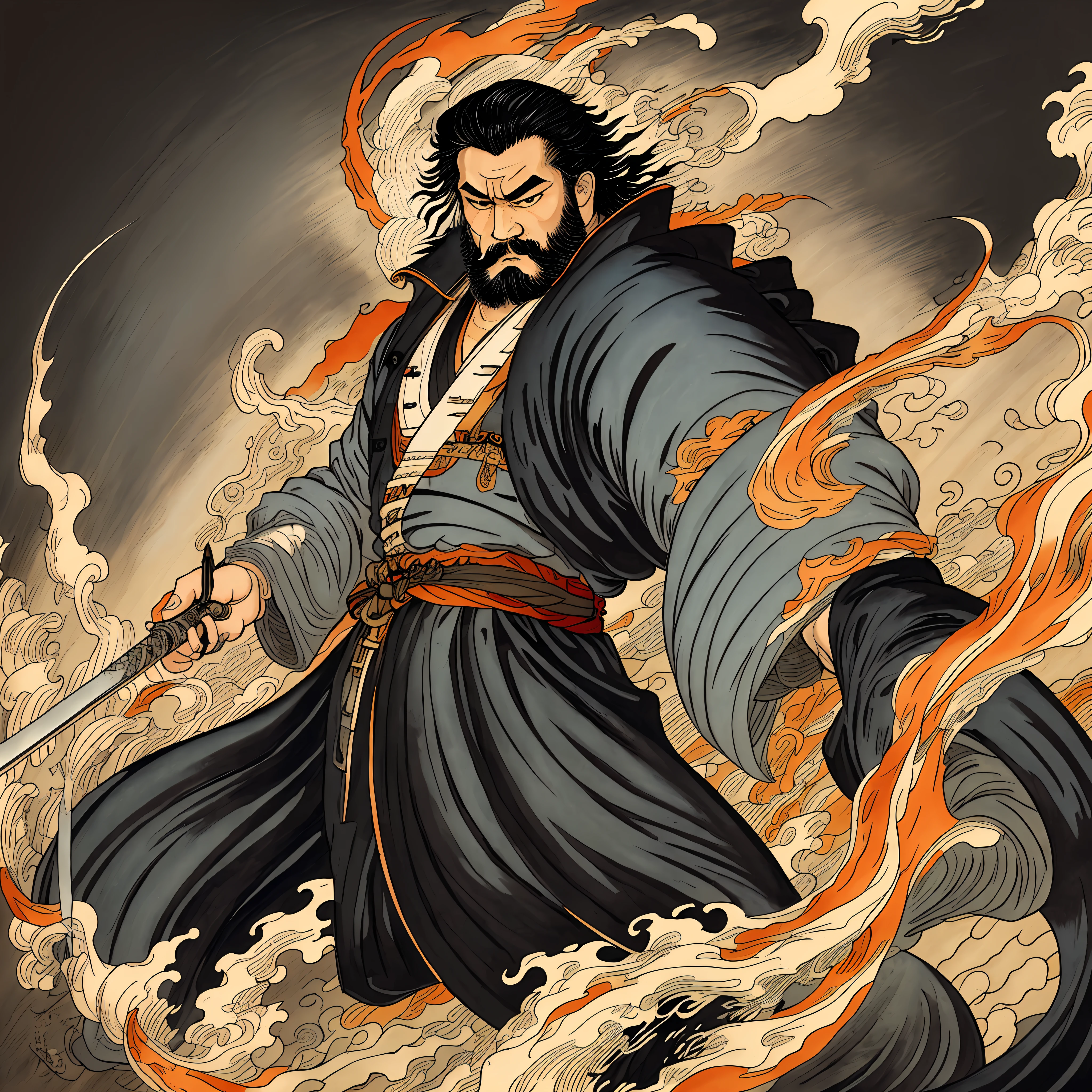 It is a full-body painting with natural colors in a cartoon-like style. A Japan samurai with a large body like a strongman. He has a rough face, short black hair, and a short, trimmed beard. He wears a black kimono. The hakama should be a little longer and draw in a flowing shape that flutters in the wind. In his right hand he holds a Japan sword that wears flames. The background is a swirling flame in Katsushika Hokusai style. In the highest quality, it is a masterpiece high resolution acrylic and a work that will be trending in Pixcv fanbox --auto --s2