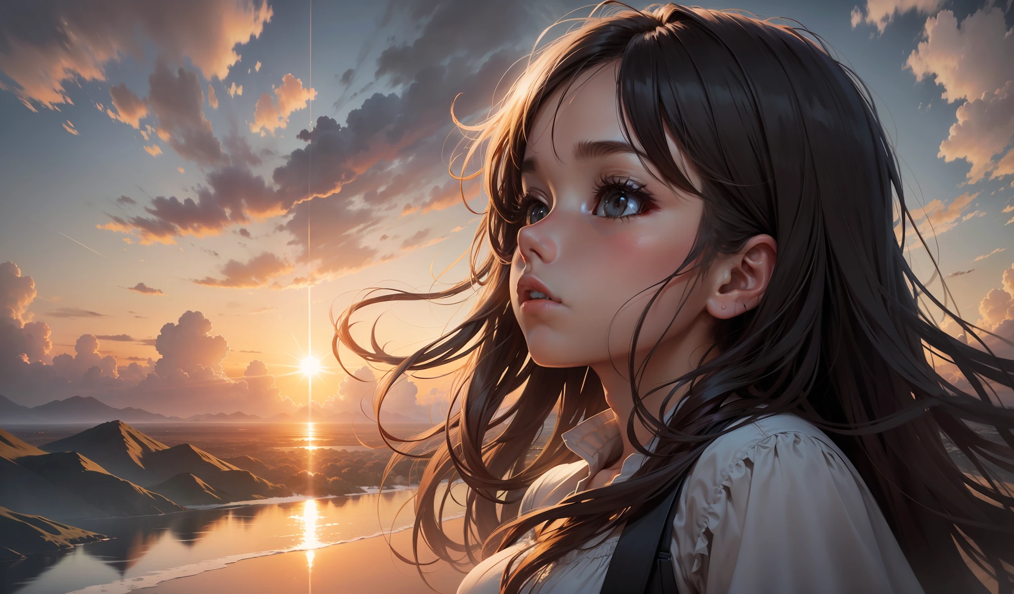Sunrise, huge shadows, flying clouds, the figure of a girl looking up in the distance,