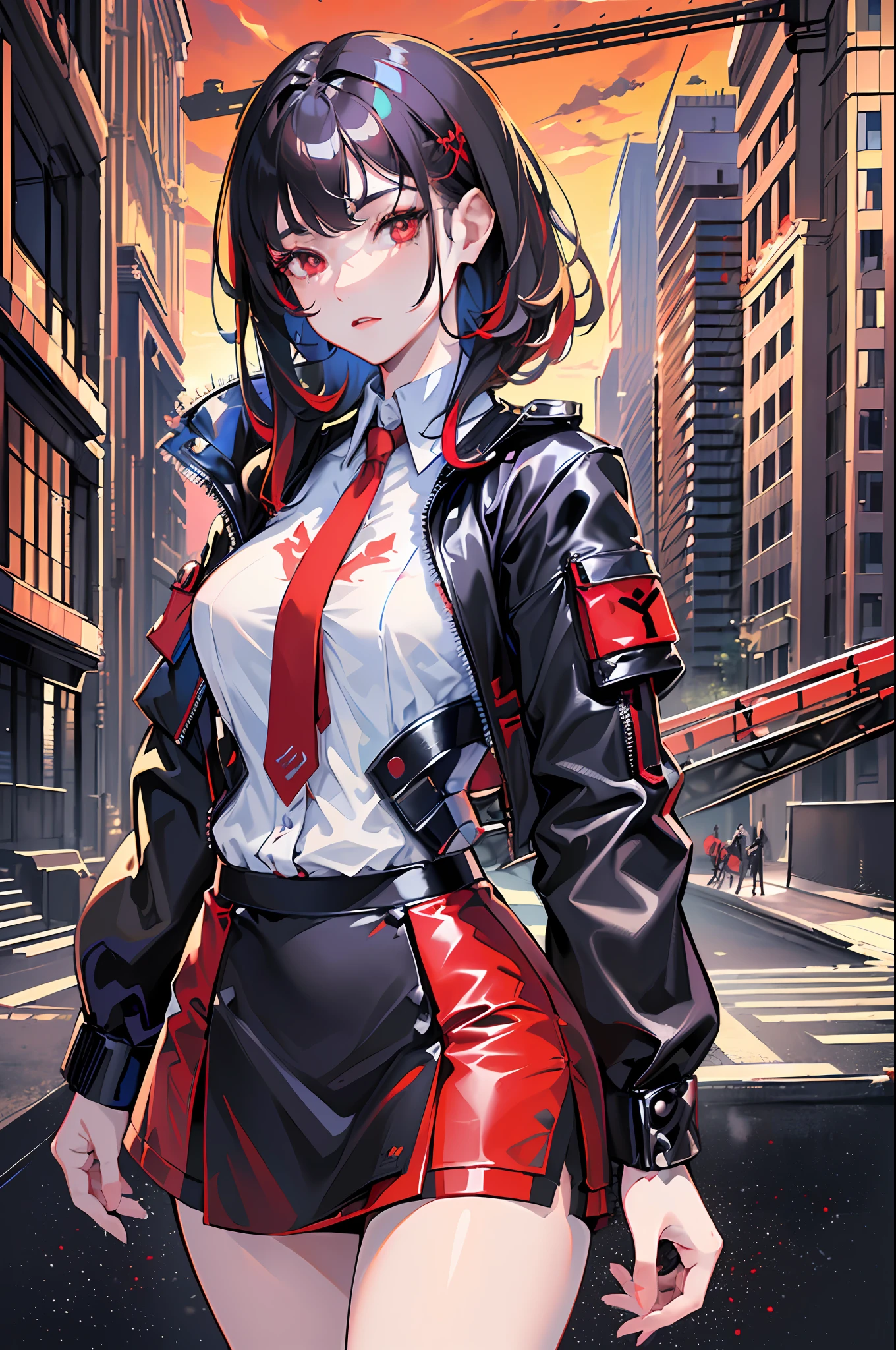 (finely detailed beautiful red eyes and detailed face,masterpiece sidelighting,masterpiece,best quality,detailed,high resolution illustration),(urban techwear, cybernetic background, sunny city),(1girl,whole body,bishoujo,lustrous skin,looking down,looking at viewer),(black hair,red eyes,short skirt,ribbon,button shirt)