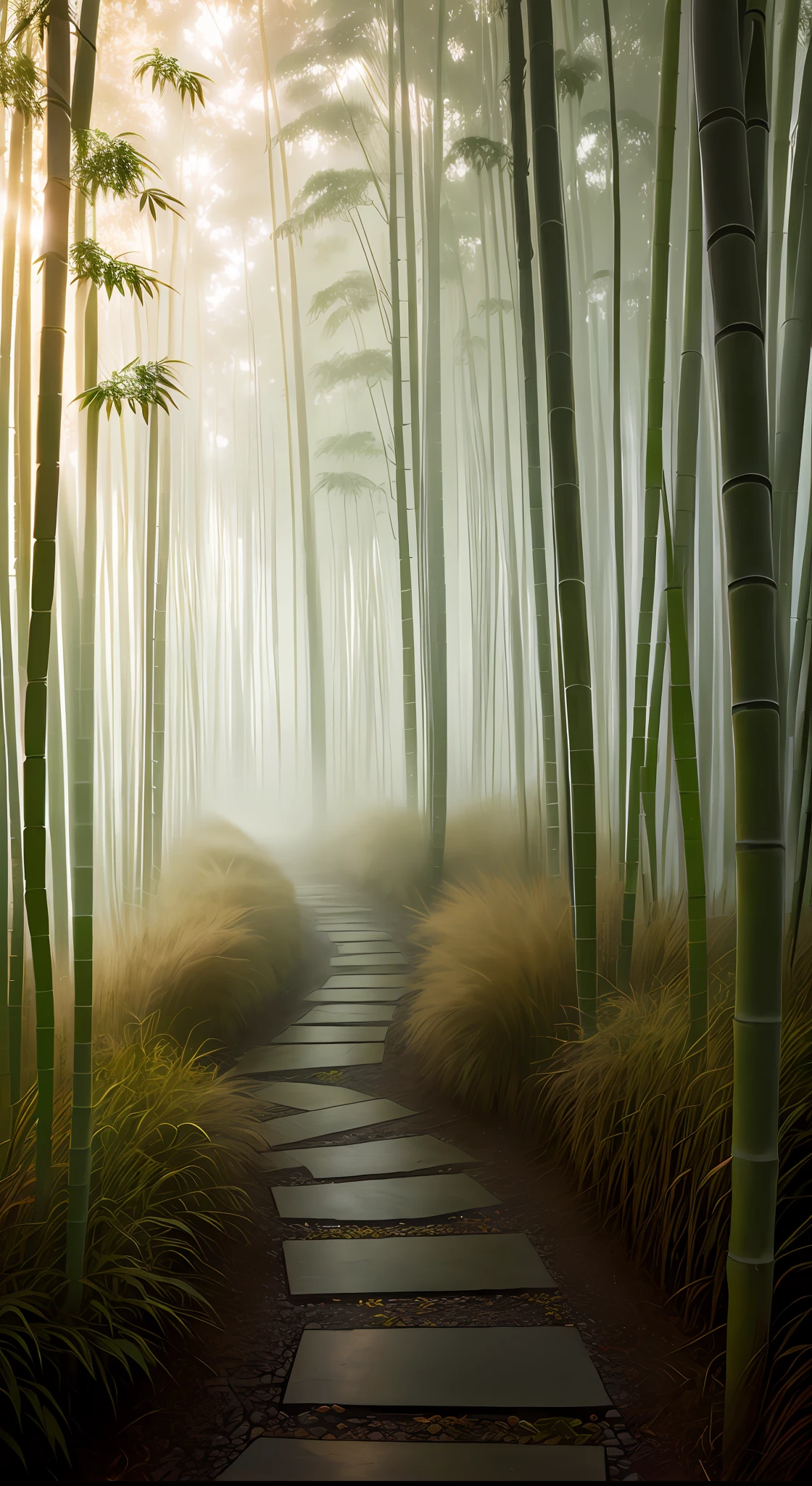 wallpaper, foggy day, dawn, bamboo forest, detailed bamboo forest, depth, stone path, masterpiece, film, soft light, depth of field, ray tracing, realism, ural detail