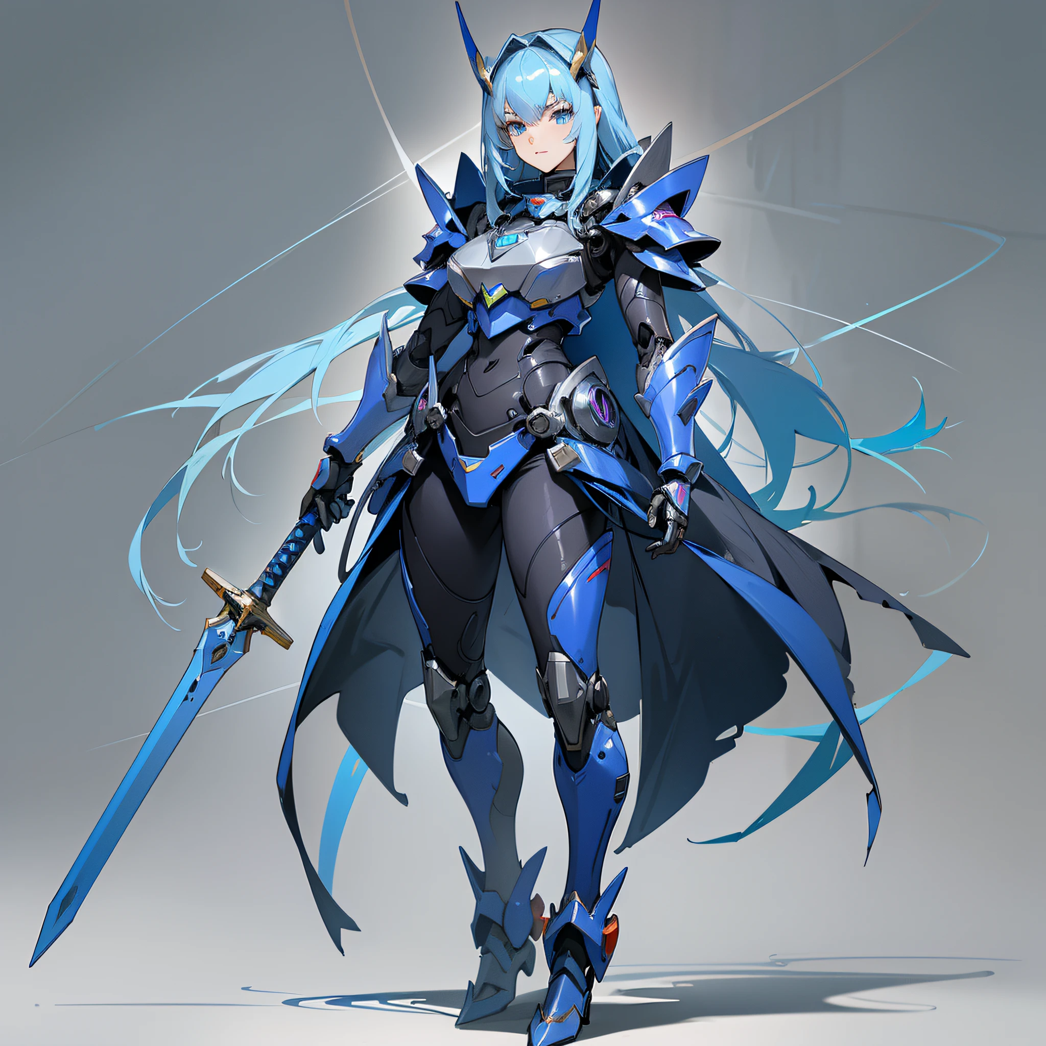 Blue paint, close-up portrait of a person in costume with a sword, cyber japan style armor, cyber japan armor, guyver style, girl in armor, monster hunter armor, full body mecha suit, perfect anime cyborg woman, cyborg noble woman, mecha cyber armor girl, detailed full body concept, female armor, anime character. Full Body Art --auto --s2