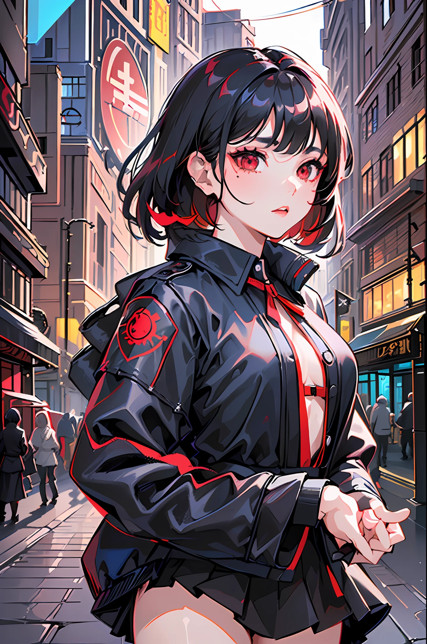 (finely detailed beautiful red eyes and detailed face,masterpiece sidelighting,masterpiece,best quality,detailed,high resolution illustration),(urban techwear, cybernetic background, sunny city),(1girl,whole body,bishoujo,lustrous skin,looking down,looking at viewer),(black hair,red eyes,short skirt,ribbon,button shirt)