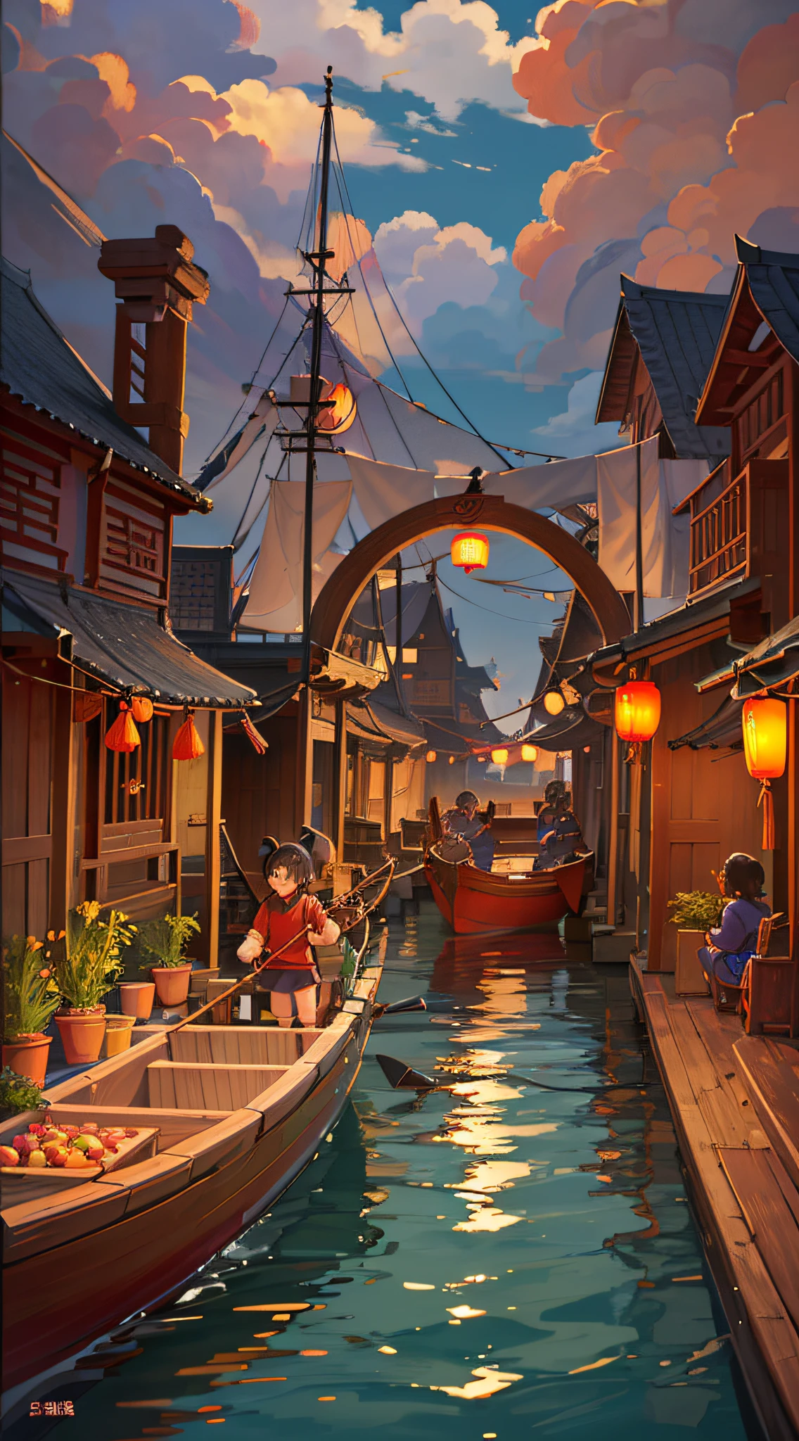 Dragon Boat Festival, Chinese festival, several super cute ancient Chinese boys and girls, rowing a wooden boat, the bow of the boat is shaped like a dragon's head, carved wood, clear outline lights, edge lights, dreamy spots overlooking the angle, HD quality, Disney style, 2K ,--s --auto --s2