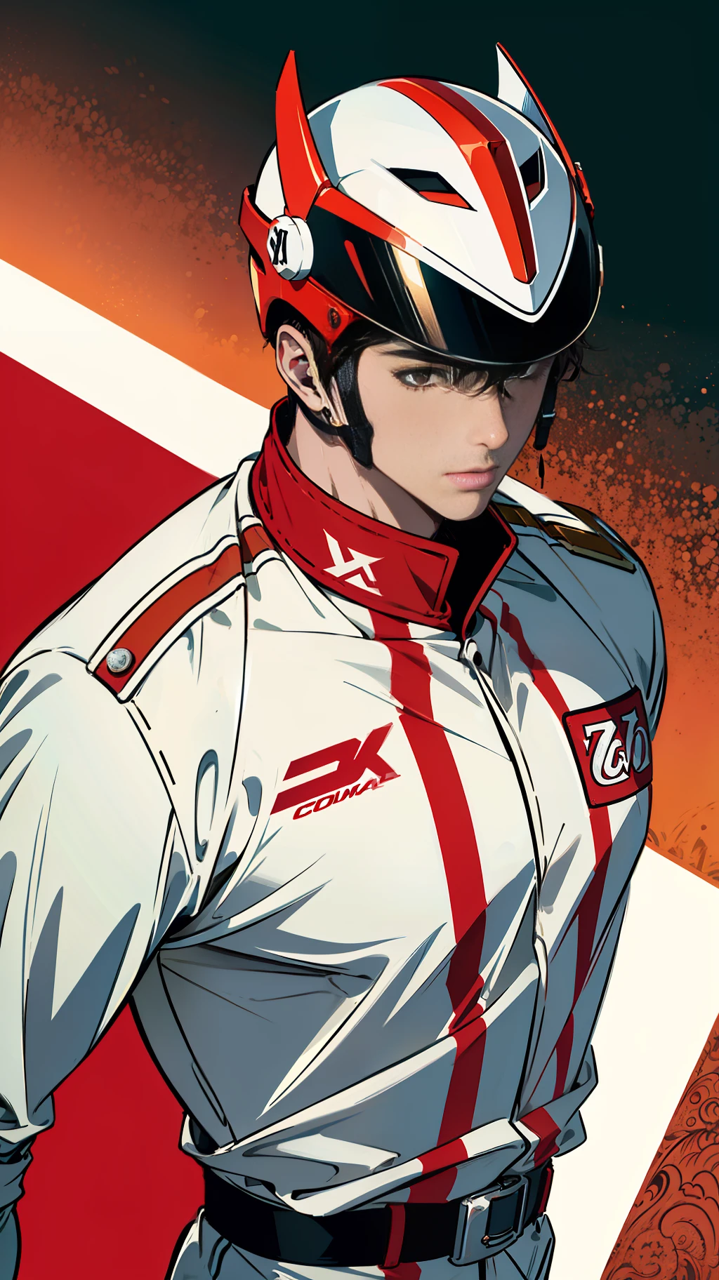 He wears a red and white racing suit that fits a close-fitting and slim fit that accentuates his toned figure and perfect figure. The red stripes shine brightly on the white background, making his appearance even more attractive to the eye.
He has a watch with a racing logo on his arm, and a gleaming wristband, apparently an accessory of great value.
He wears a racing helmet on his head, and through the transparent mask, his brown eyes can be seen sparkling in the sun. The white flame pattern on his helmet adds to his sporty feel and makes him look more brave and handsome.
After a brief silence, he stepped on a red sports car with all-aluminum wheels and accelerated across the starting line towards the finish line. This handsome racer is bound to be the focus of the race, attracting everyone's attention.