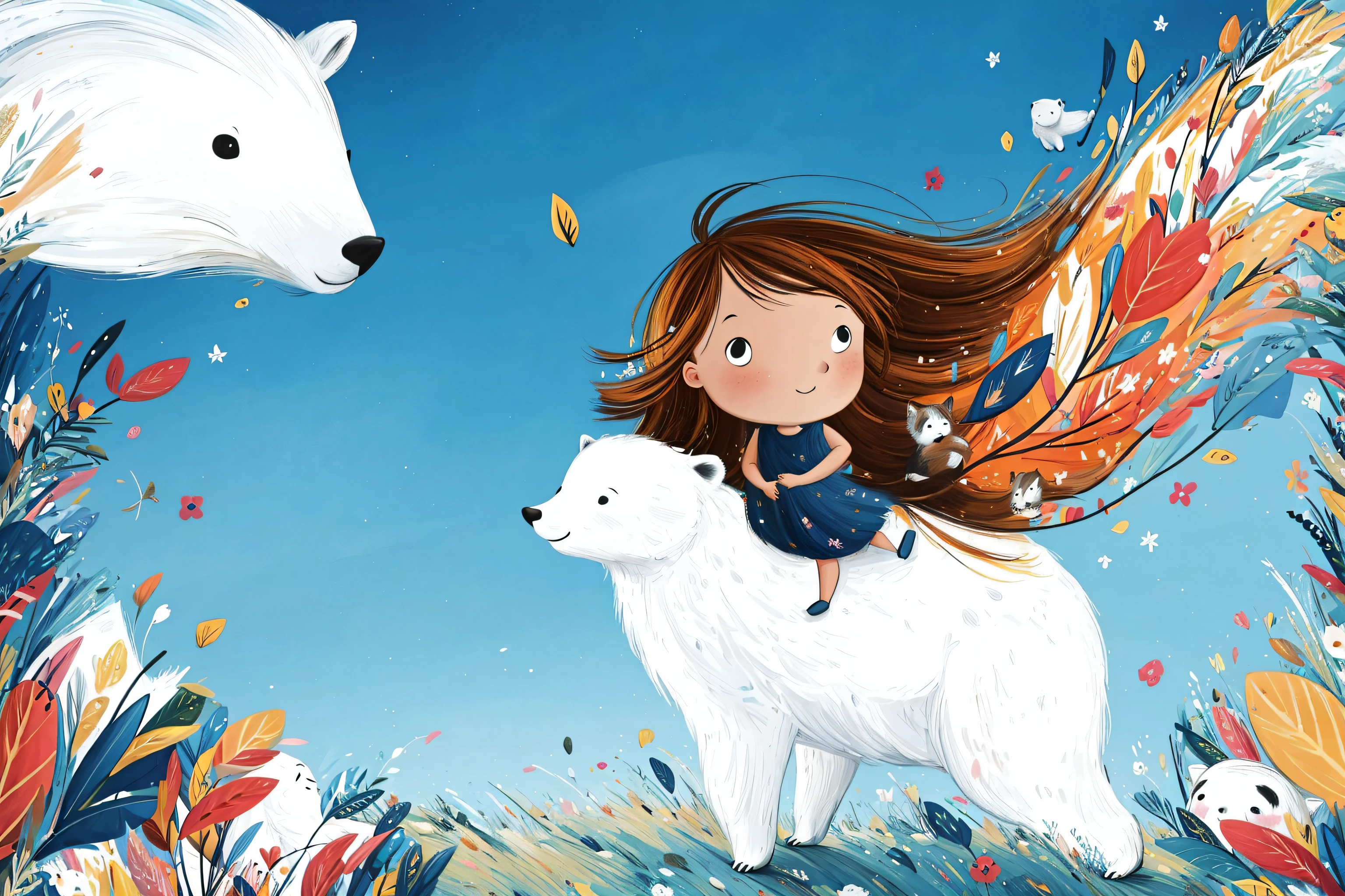 lucy fleming, lucy, fleming, inkcolor,
1girl, solo, long hair, blush, smile, freckles,flying leaves, flying flowers,
a girl leaning on a polar bear ,
bird, cat,
2d, lineart,
illustration,