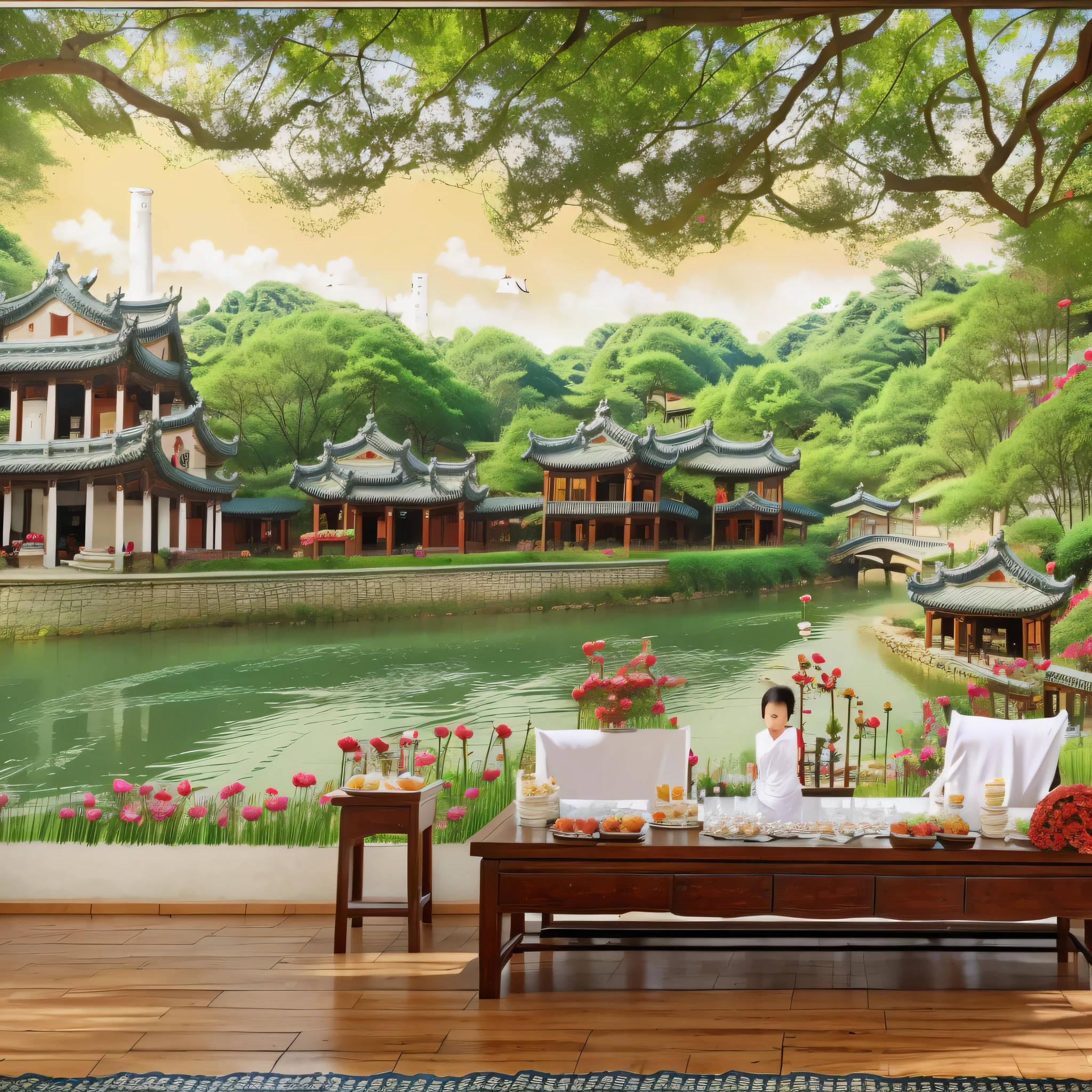 Jiangnan water town wallpaper mural restaurant tea ceremony landscape background --auto --s2