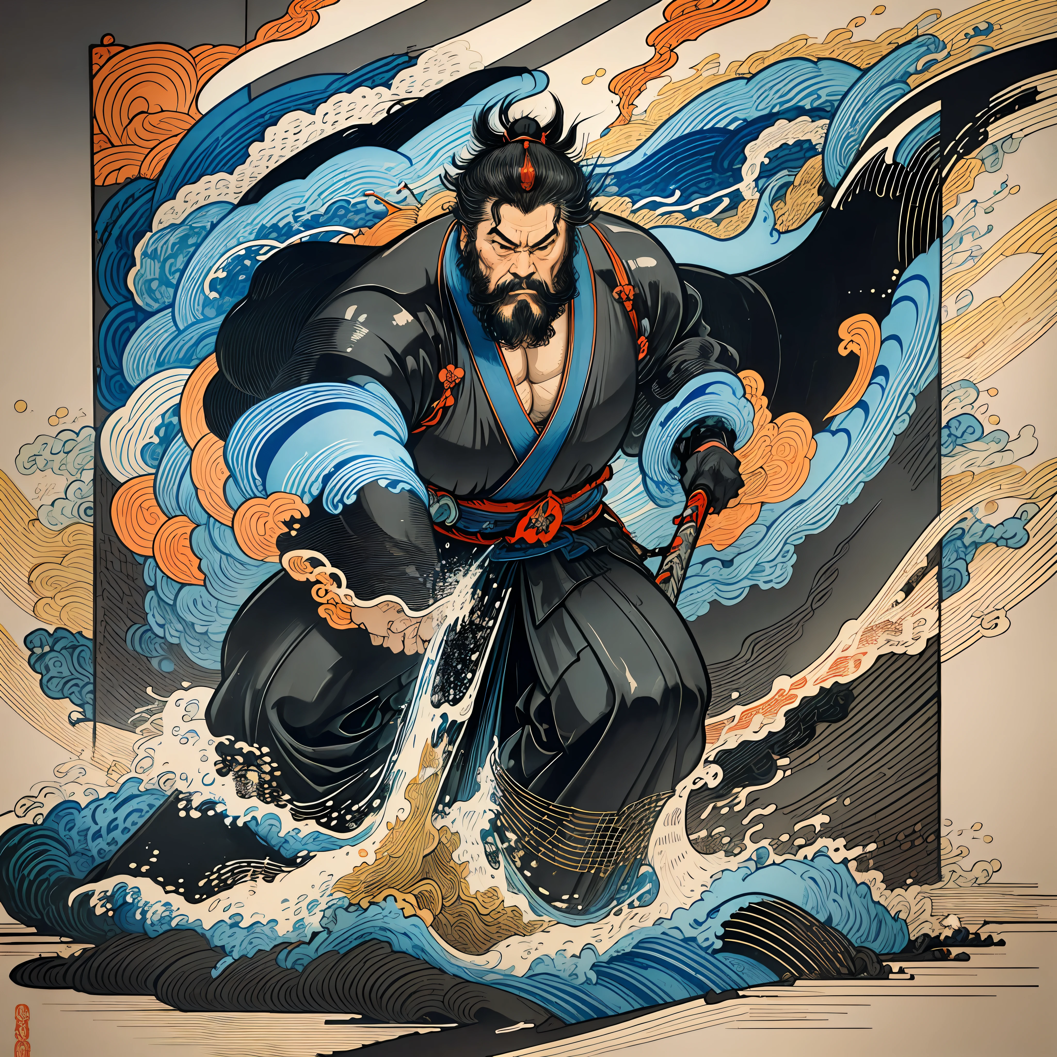 It is a full-body painting with natural colors with Katsushika Hokusai-style line drawings. The appearance of swordsman Miyamoto Musashi fighting with a large body like a strongman. Samurai of Japan. He has a dignified yet manly expression of determination, short black hair, and a short, trimmed beard. His upper body is covered in a black kimono and his hakama is knee-long. In his right hand he holds a Japan sword. In the midst of the finest quality, masterpiece's high-resolution ukiyo-e-style lightning and swirling flames, Miyamoto Musashi stands face and body facing forward.