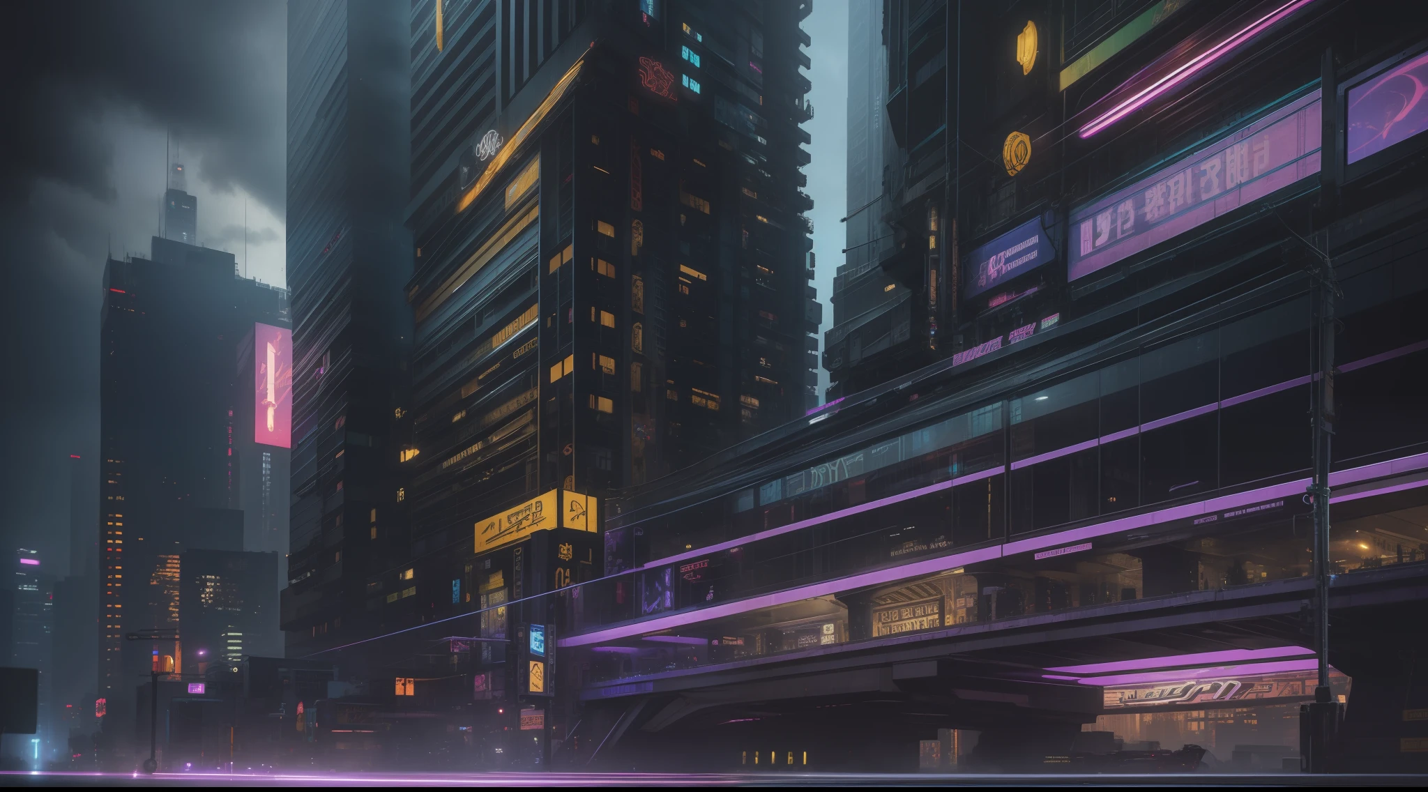 Cyberpunk cityscape with mystical, peopleless, vibrant, photorealistic, hyper-realism, strong impressionist painting style, 1,618, elegant, ethereal, intricate, elaborate, hyper-realism, hyper-detailed, strong expressiveness and emotionality, cinematic lighting, visual clarity