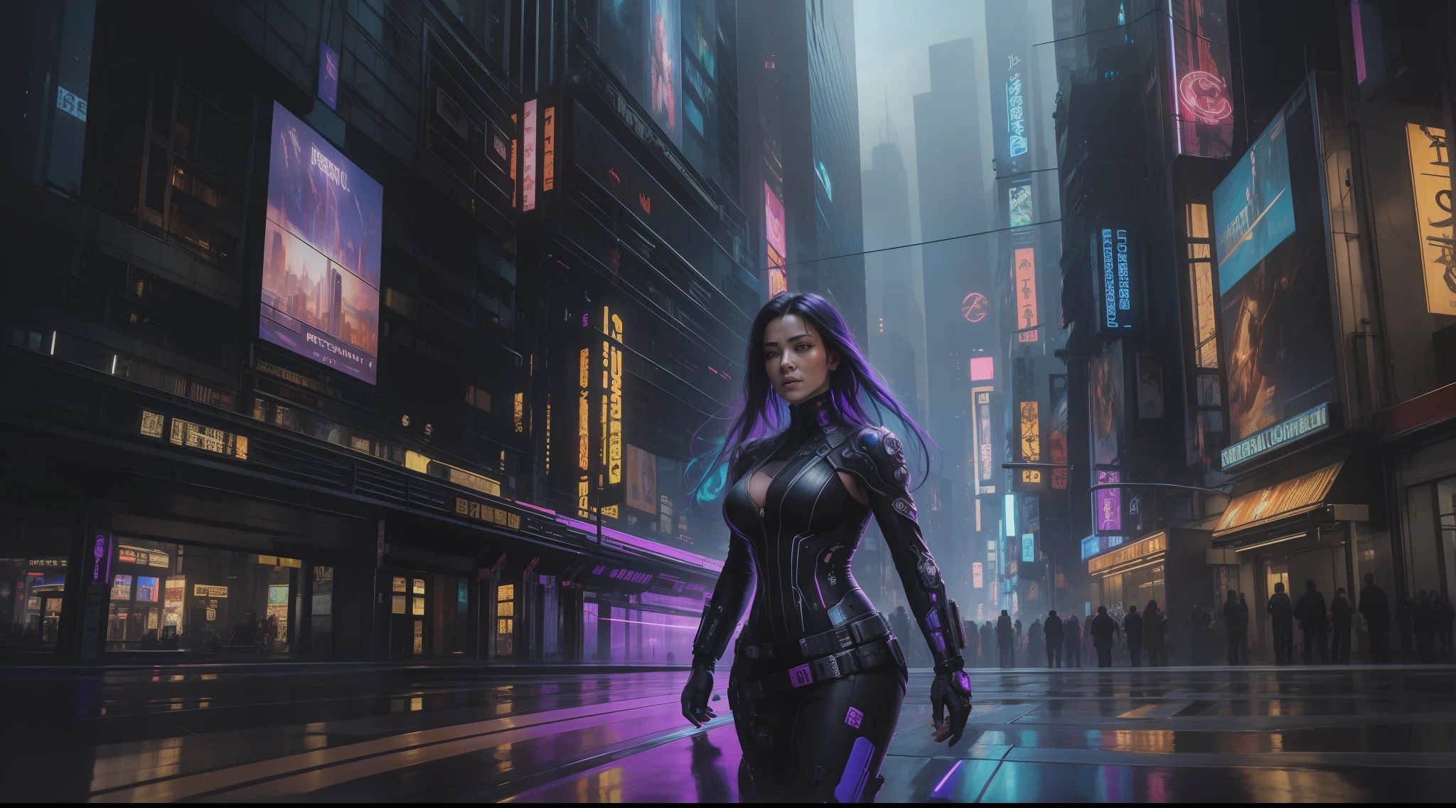 Cyberpunk cityscape with mystical, peopleless, vibrant, photorealistic, hyper-realism, strong impressionist painting style, 1,618, elegant, ethereal, intricate, elaborate, hyper-realism, hyper-detailed, strong expressiveness and emotionality, cinematic lighting, visual clarity