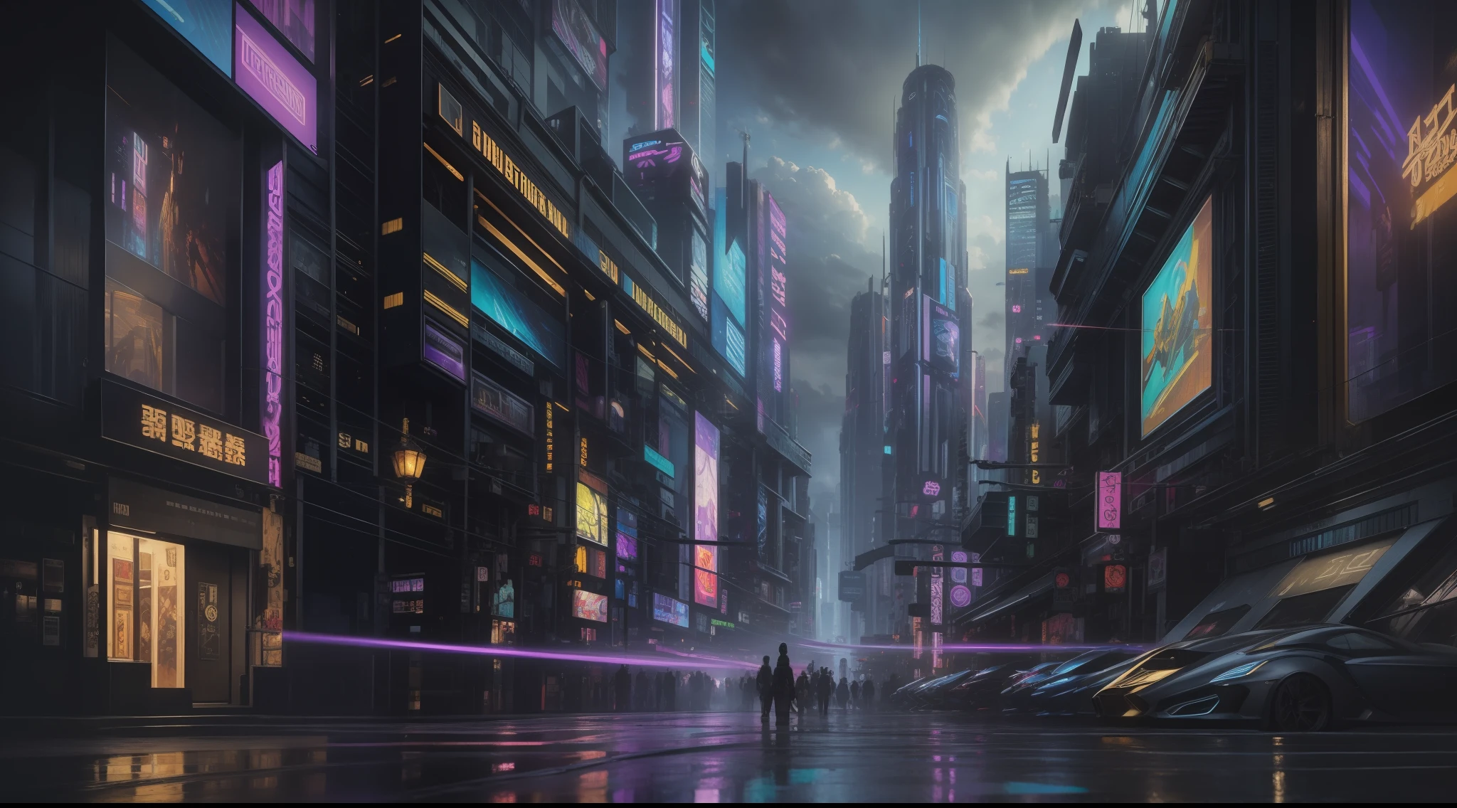 Cyberpunk cityscape with mystical, peopleless, vibrant, photorealistic, hyper-realism, strong impressionist painting style, 1,618, elegant, ethereal, intricate, elaborate, hyper-realism, hyper-detailed, strong expressiveness and emotionality, cinematic lighting, visual clarity