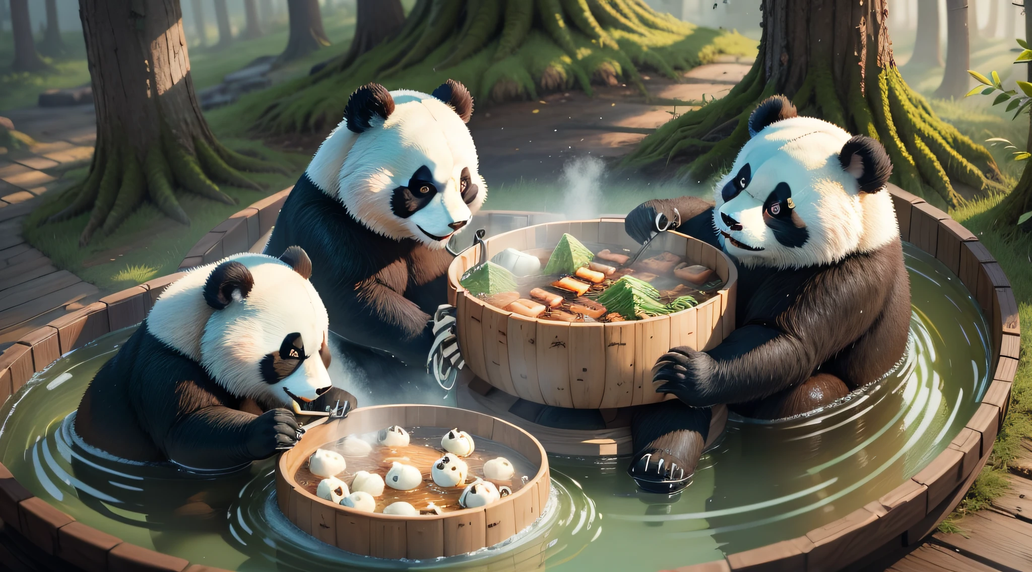 A group of pandas, forest, eating hot pot, HD, fine details, 8K, real