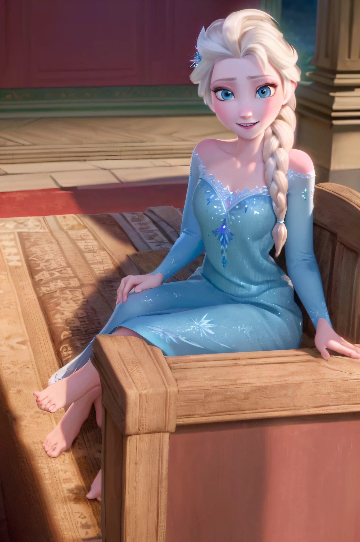 (masterpiece:1.4),(best qualit:1.4),(high resolution:1.4),elsa of arendelle,nightgown,sitting,single braid,(looking at viewer:1.1),(night:1.2),couch,fireplace,smile,1girl,solo,solo focus,